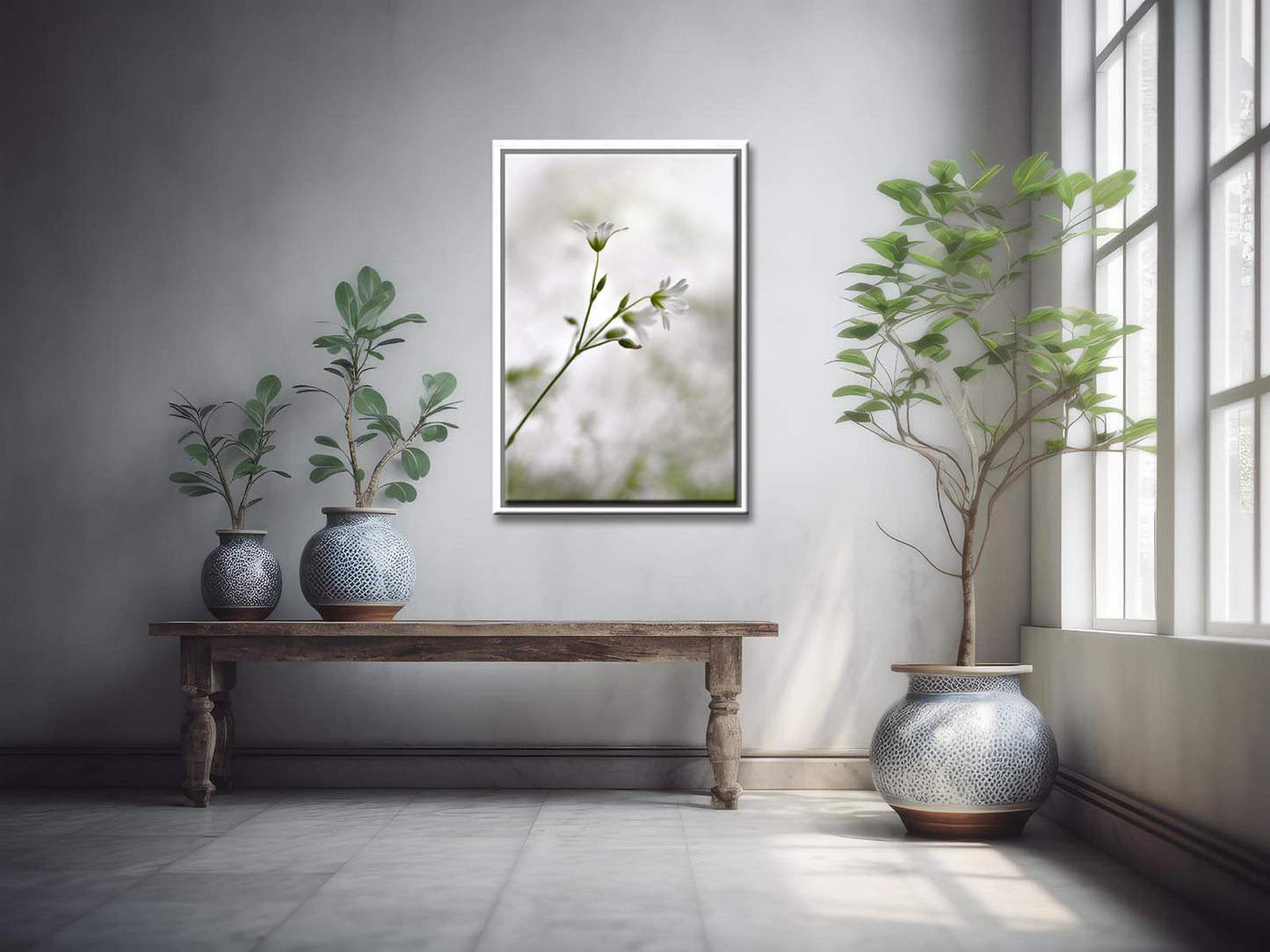 Beautiful, delicate white Stitchwort Flowers. Framed fine art photography, Canvas wall art by Kristen Olivares.