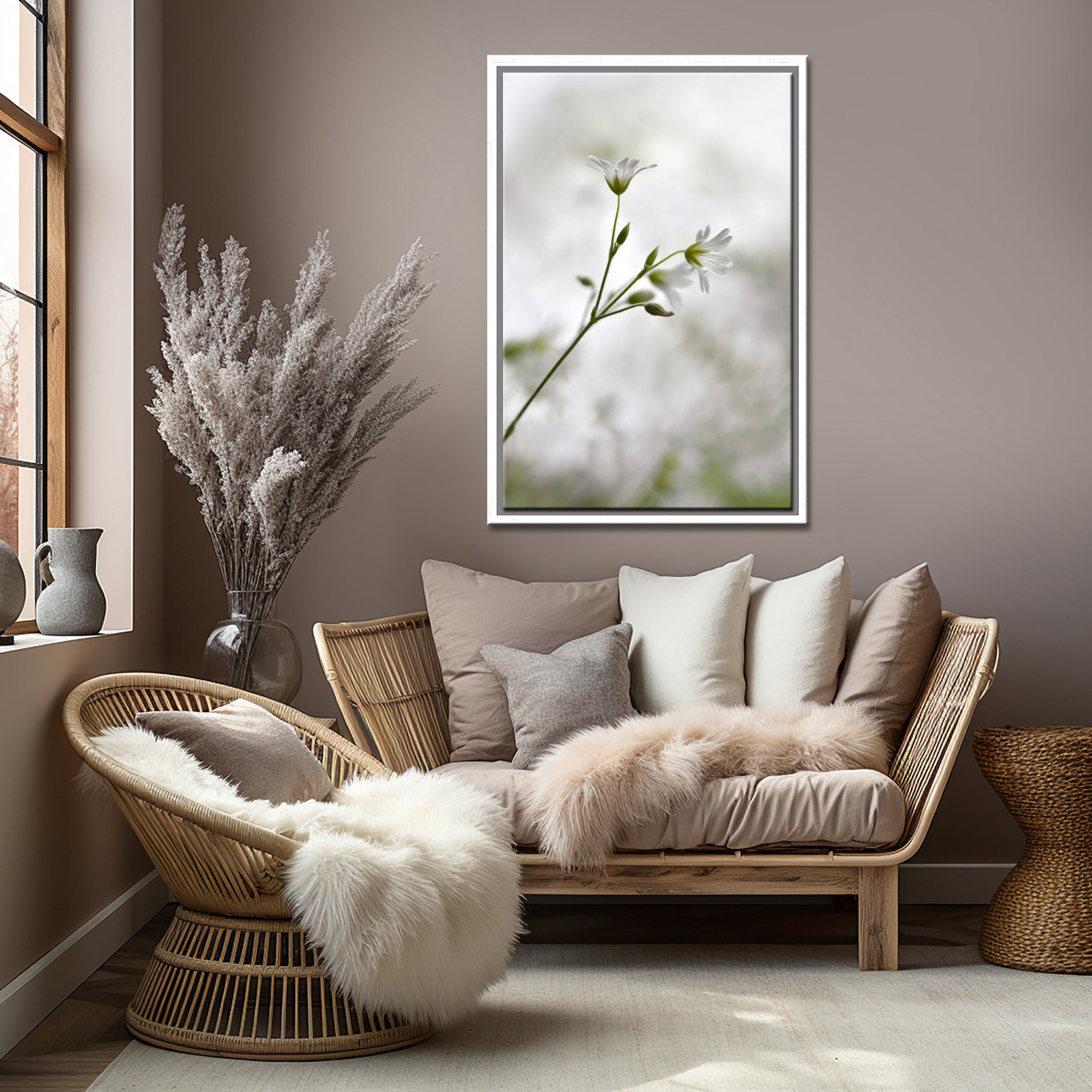 Beautiful, delicate white Stitchwort Flowers. Framed fine art photography, Canvas wall art by Kristen Olivares.