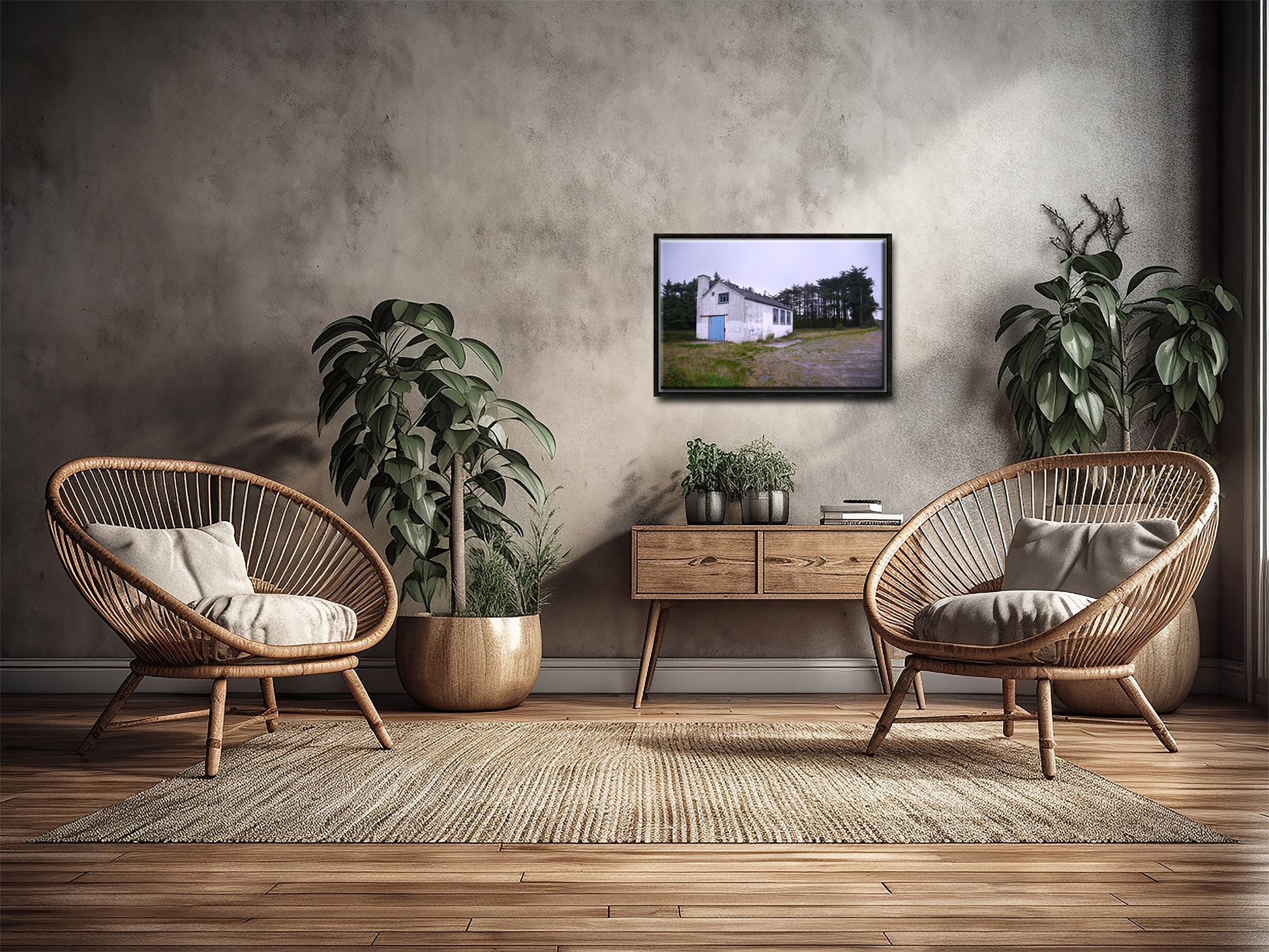 A photo of a stone white house in Ireland with a blue door. Framed canvas print by Kristen Olivares