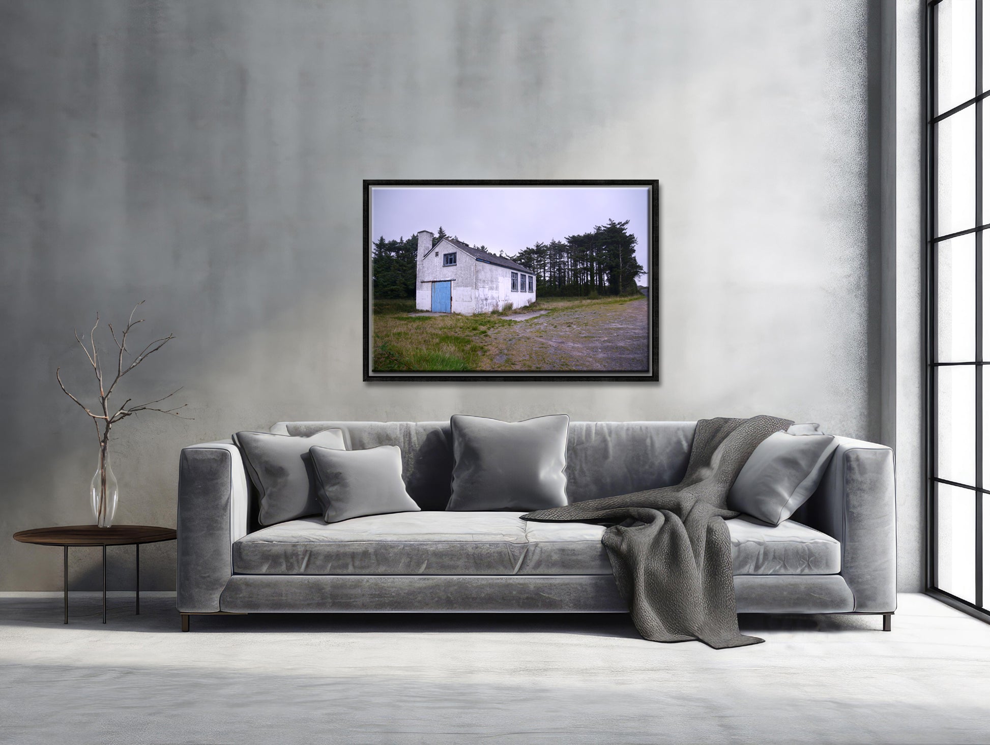 A photo of a stone white house in Ireland with a blue door. Framed canvas print by Kristen Olivares