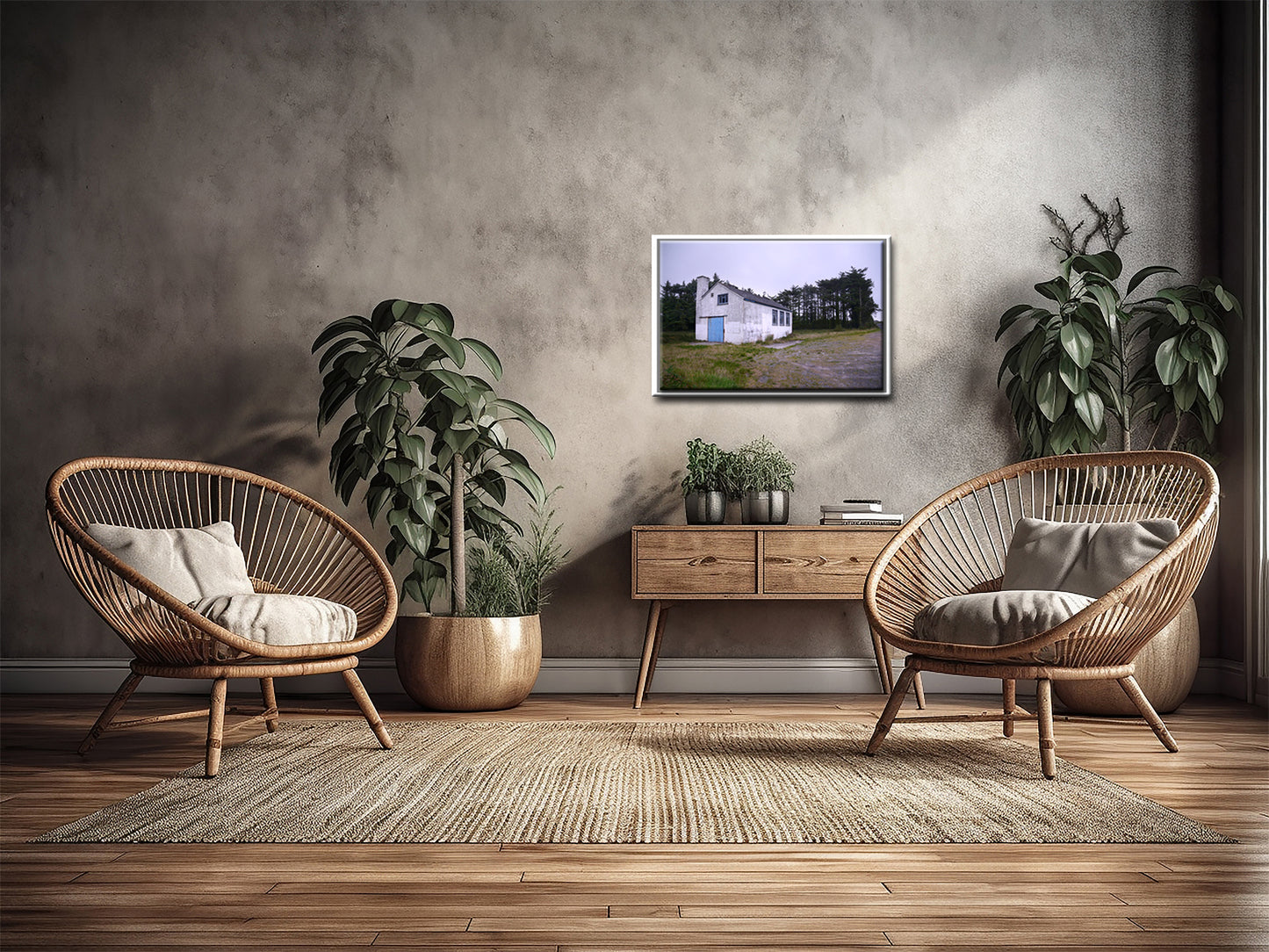 A photo of a stone white house in Ireland with a blue door. Framed canvas print by Kristen Olivares