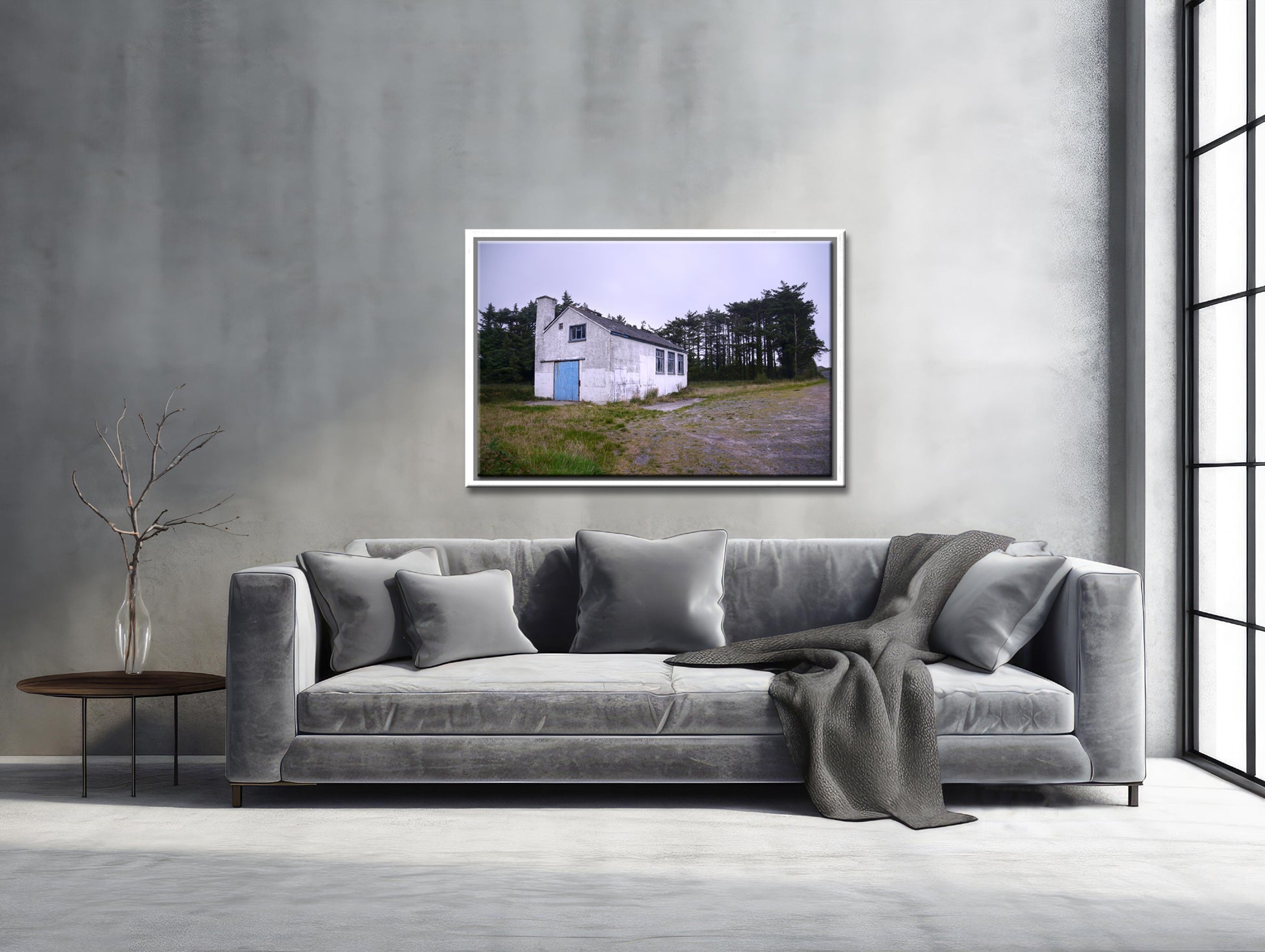 A photo of a stone white house in Ireland with a blue door. Framed canvas print by Kristen Olivares
