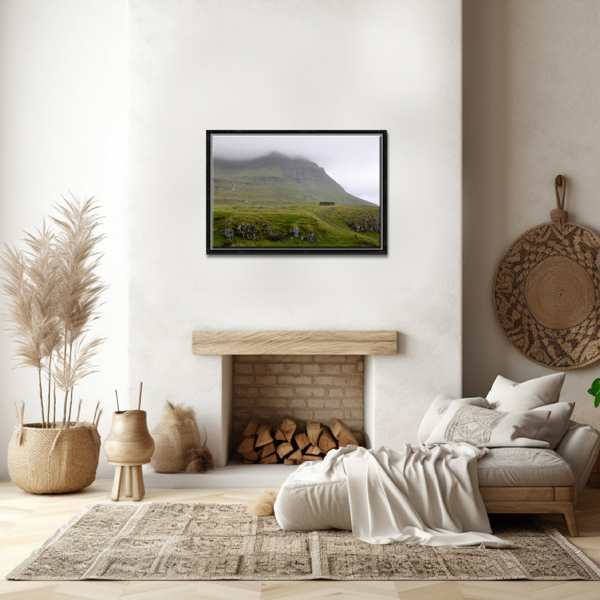 Beautiful old stone shack used to a sheep shelter in the foggy lands of the Faroe Islands. Framed fine art photography by Kristen Olivares