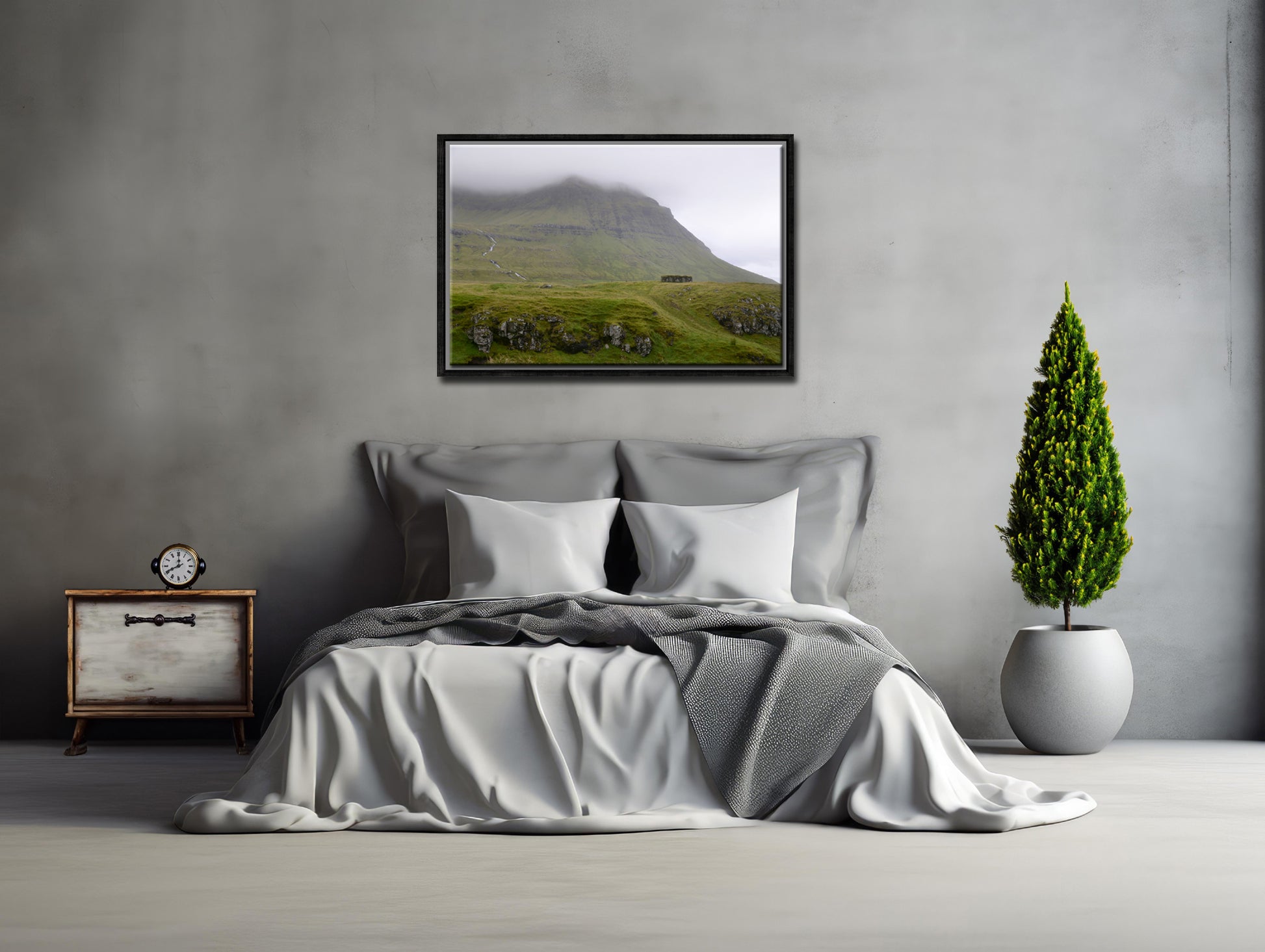 Beautiful old stone shack used to a sheep shelter in the foggy lands of the Faroe Islands. Framed fine art photography by Kristen Olivares