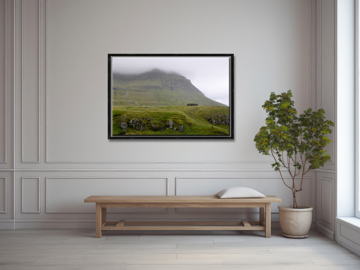 Beautiful old stone shack used to a sheep shelter in the foggy lands of the Faroe Islands. Framed fine art photography by Kristen Olivares