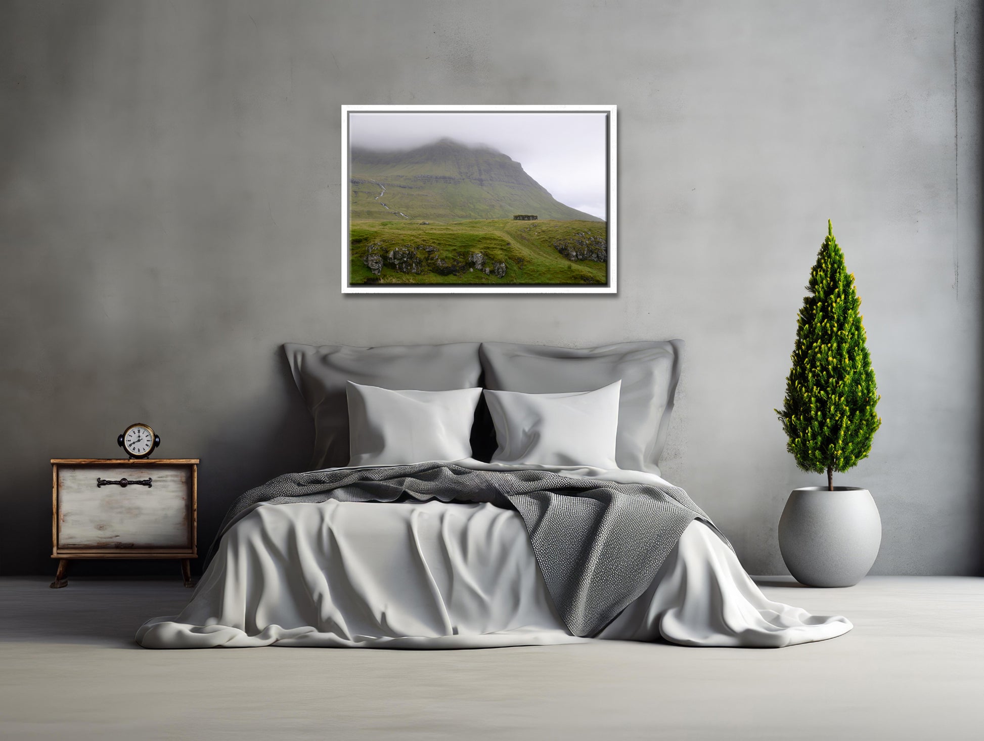 Beautiful old stone shack used to a sheep shelter in the foggy lands of the Faroe Islands. Framed fine art photography by Kristen Olivares