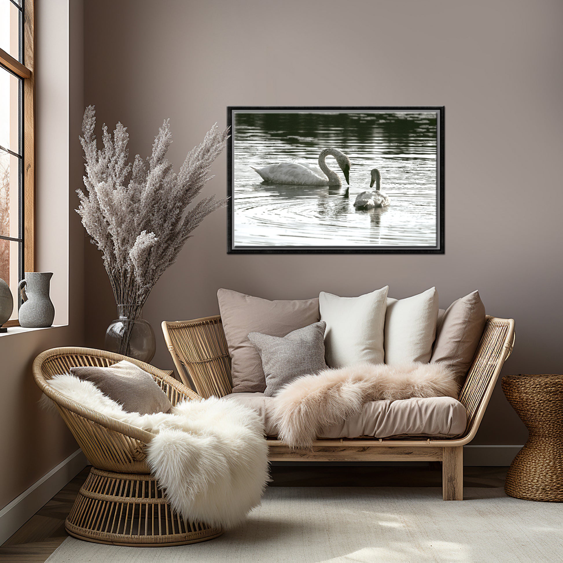 Beautiful mother and baby swan swimming in the lake. Framed Fine Art canvas Print by Kristen Olivares
