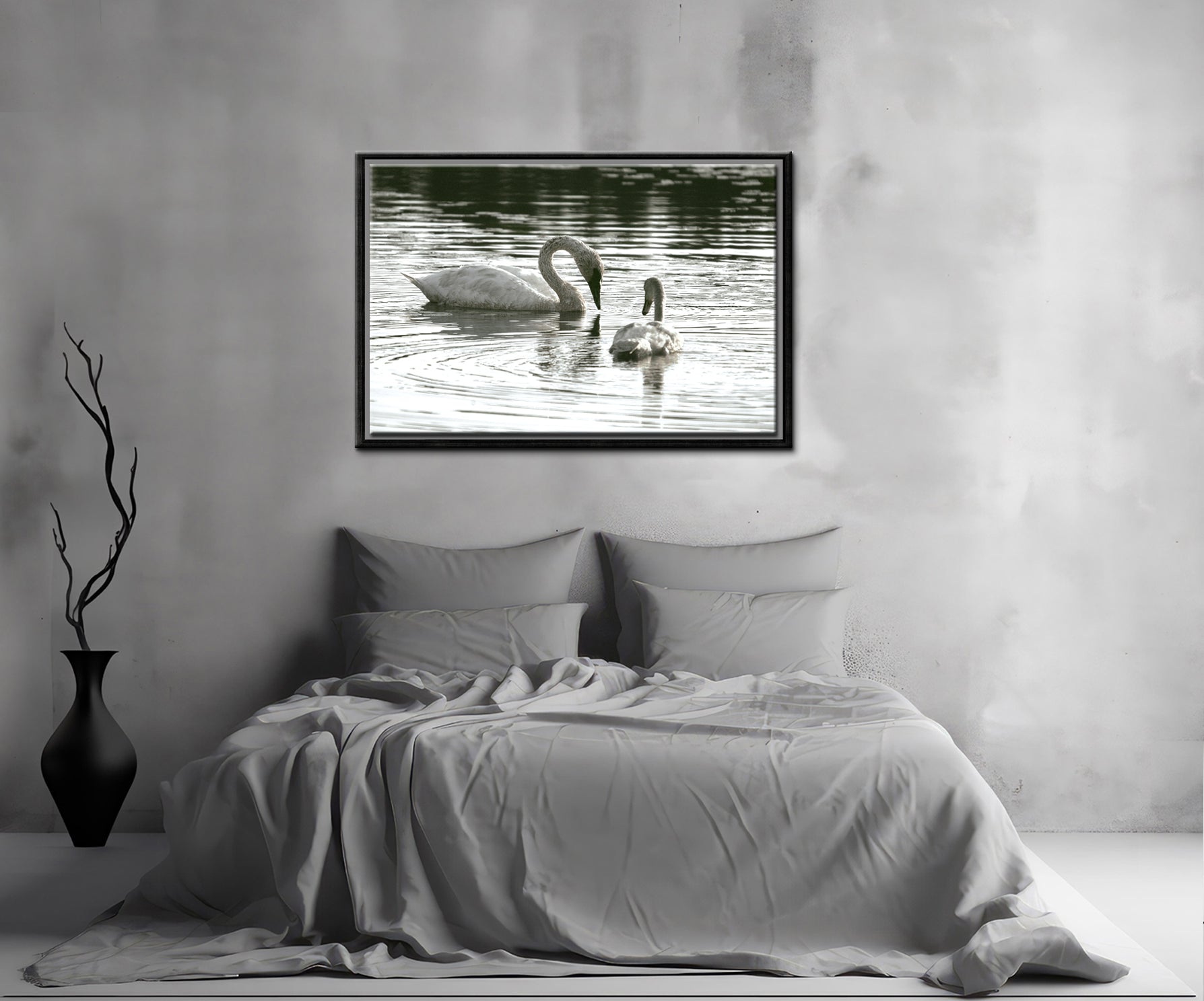 Beautiful mother and baby swan swimming in the lake. Framed Fine Art canvas Print by Kristen Olivares