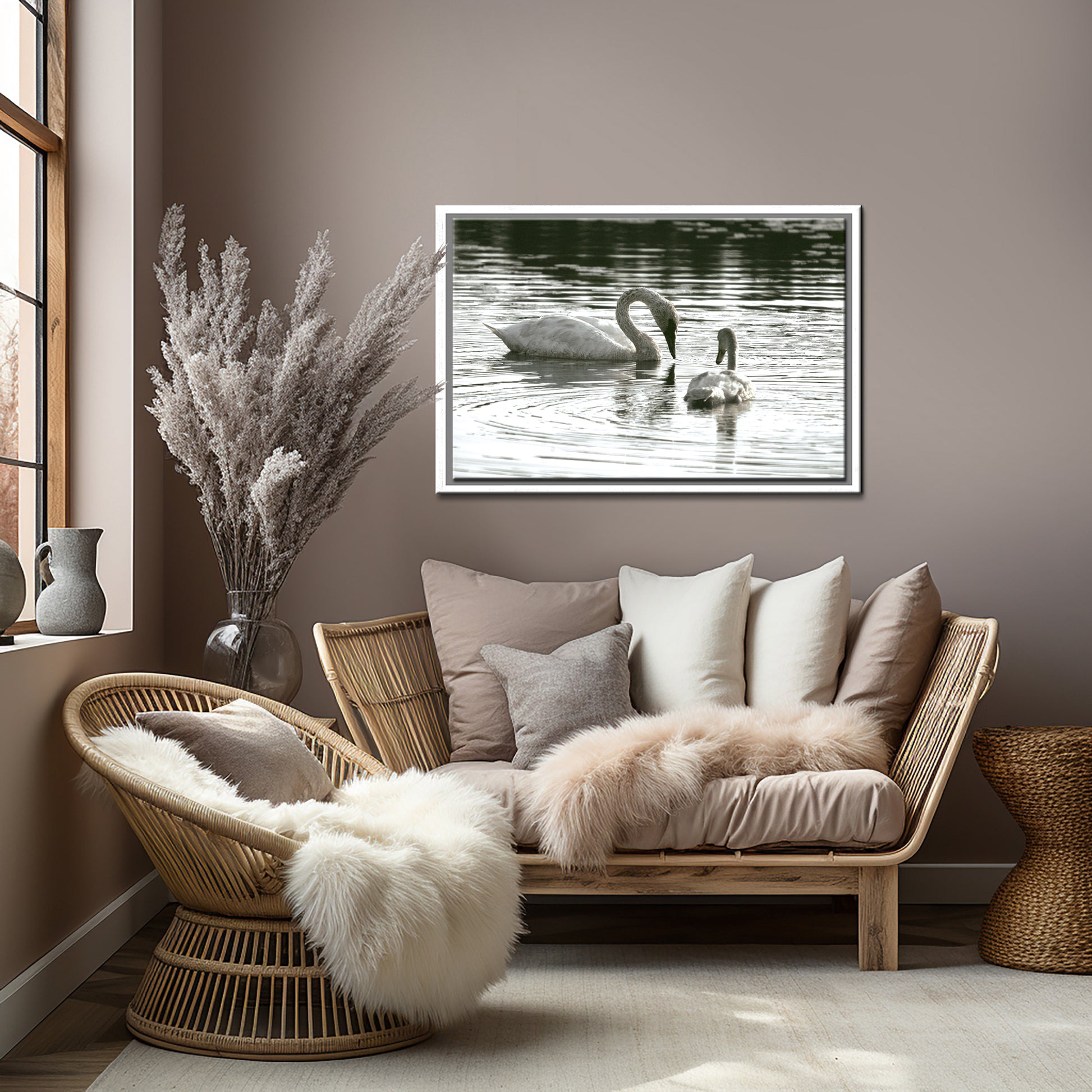 Beautiful mother and baby swan swimming in the lake. Framed Fine Art canvas Print by Kristen Olivares