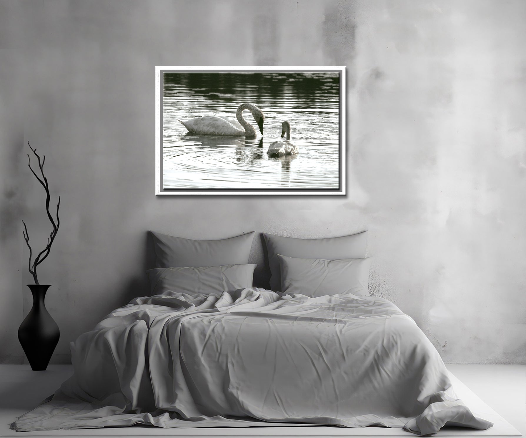 Beautiful mother and baby swan swimming in the lake. Framed Fine Art canvas Print by Kristen Olivares