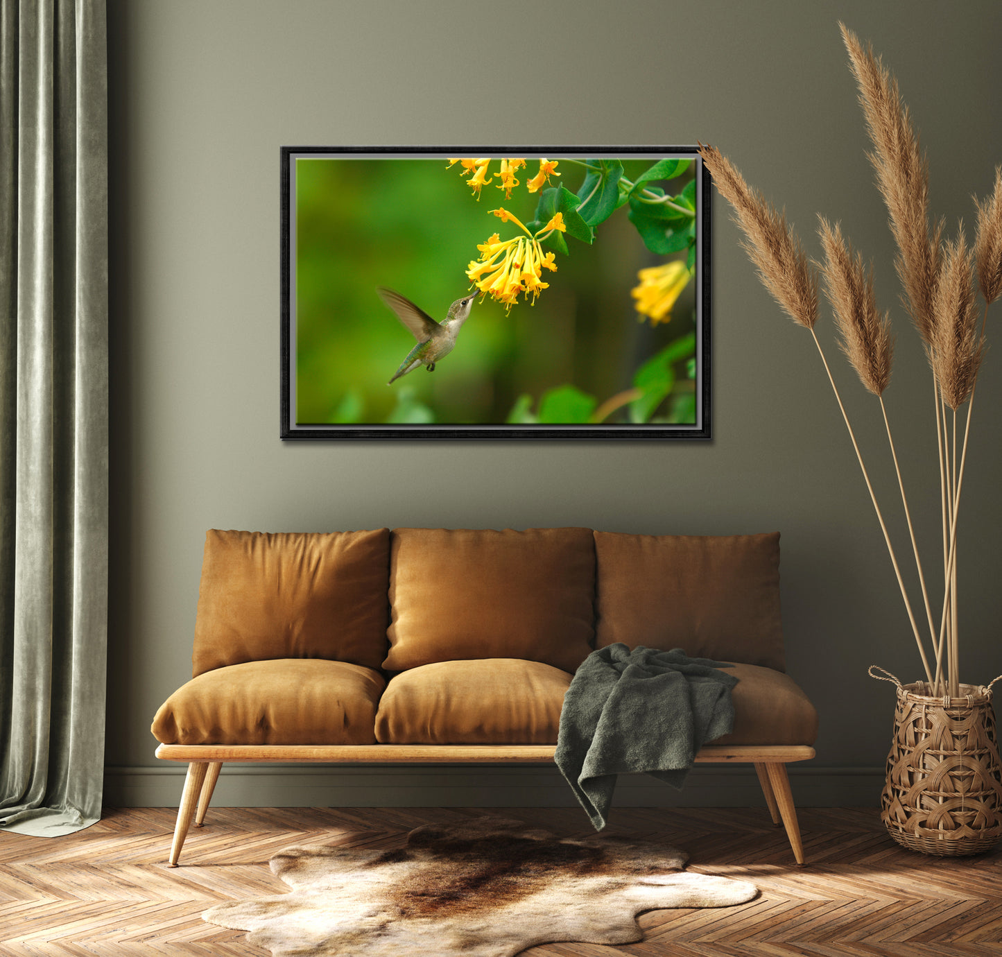 Sweet Nectar-Fine Art Photography-A Female Ruby-Throated Hummingbird Drinking Yellow from Honeysuckle Flowers