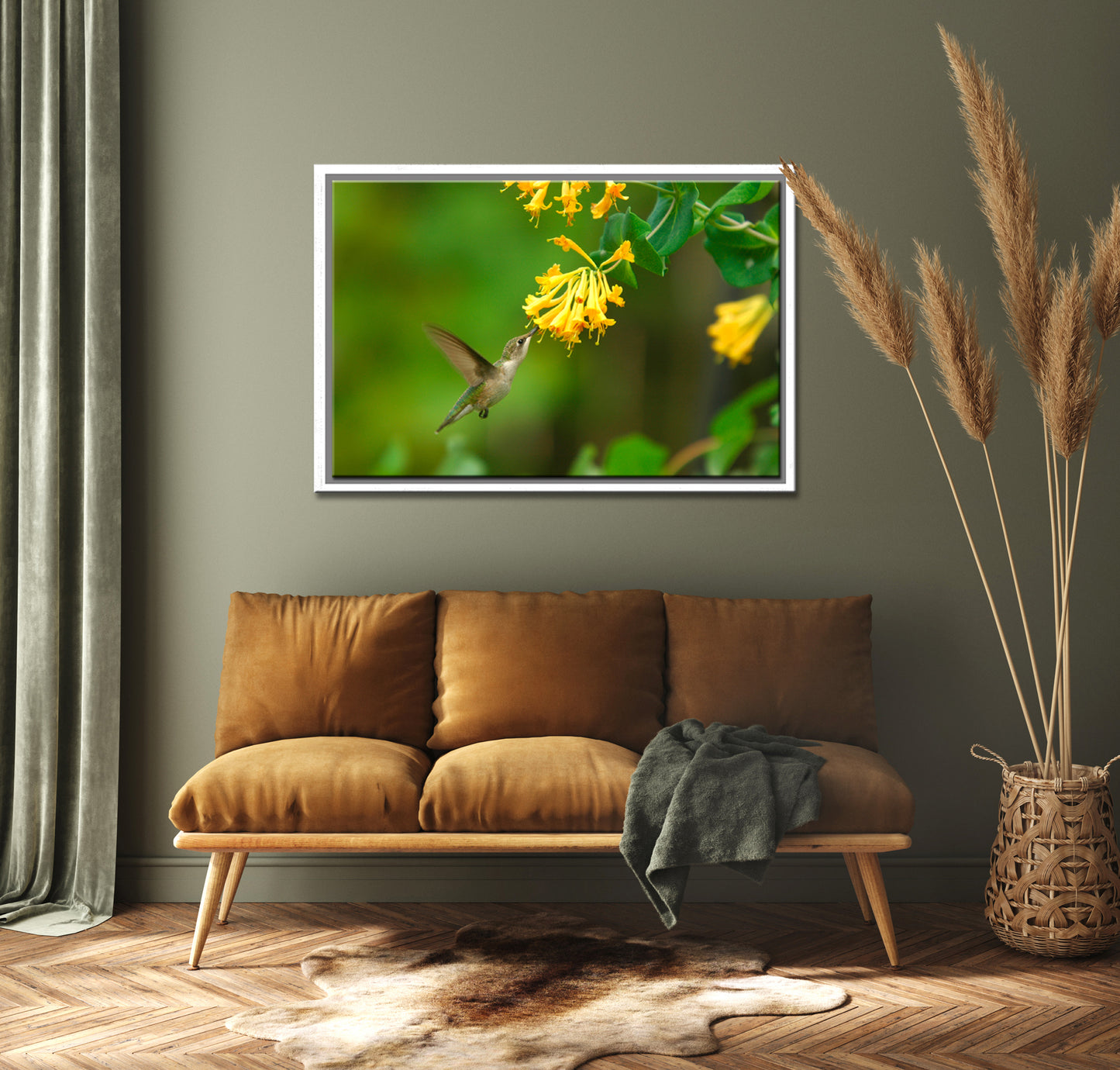 Sweet Nectar-Fine Art Photography-A Female Ruby-Throated Hummingbird Drinking Yellow from Honeysuckle Flowers