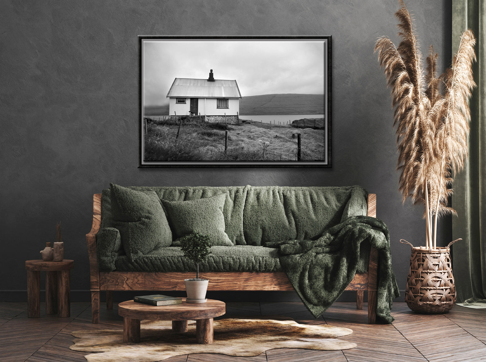 Black and white image of an old house tucked away in the Faroe Islands. Framed fine art photography by Kristen Olivares