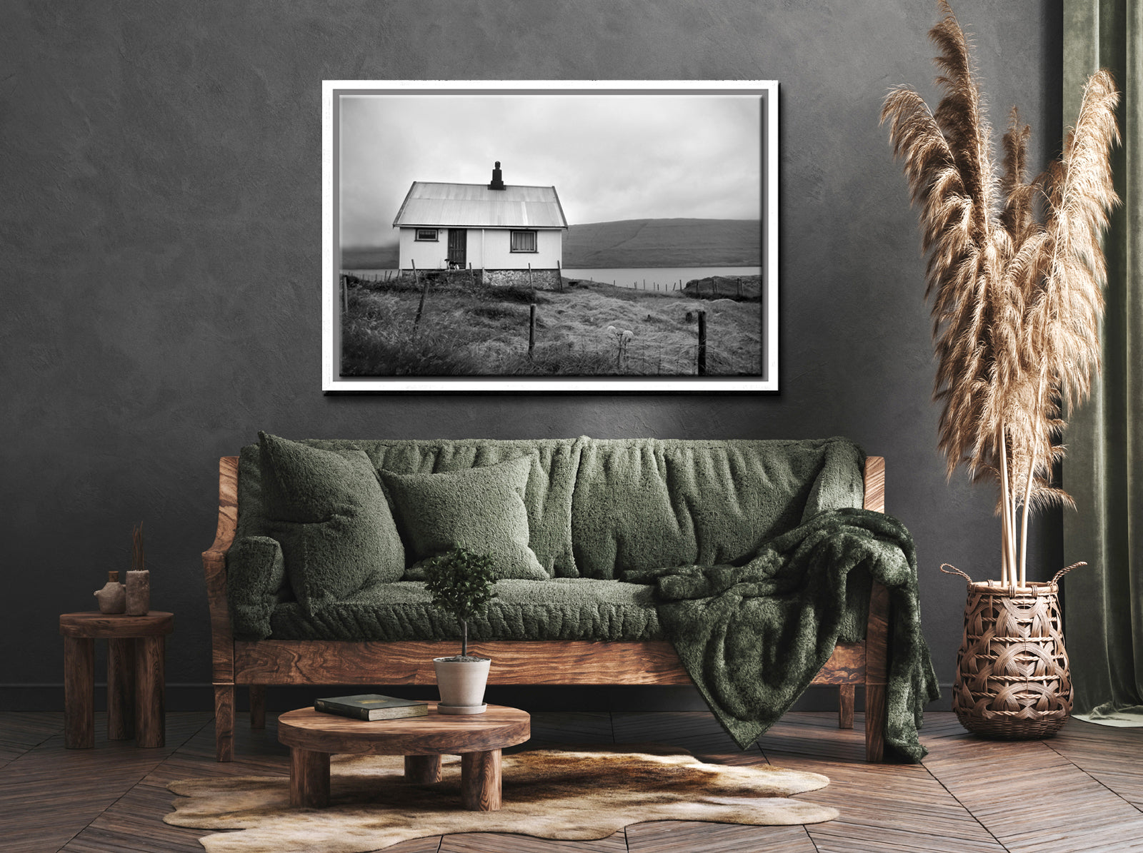 Black and white image of an old house tucked away in the Faroe Islands. Framed fine art photography by Kristen Olivares