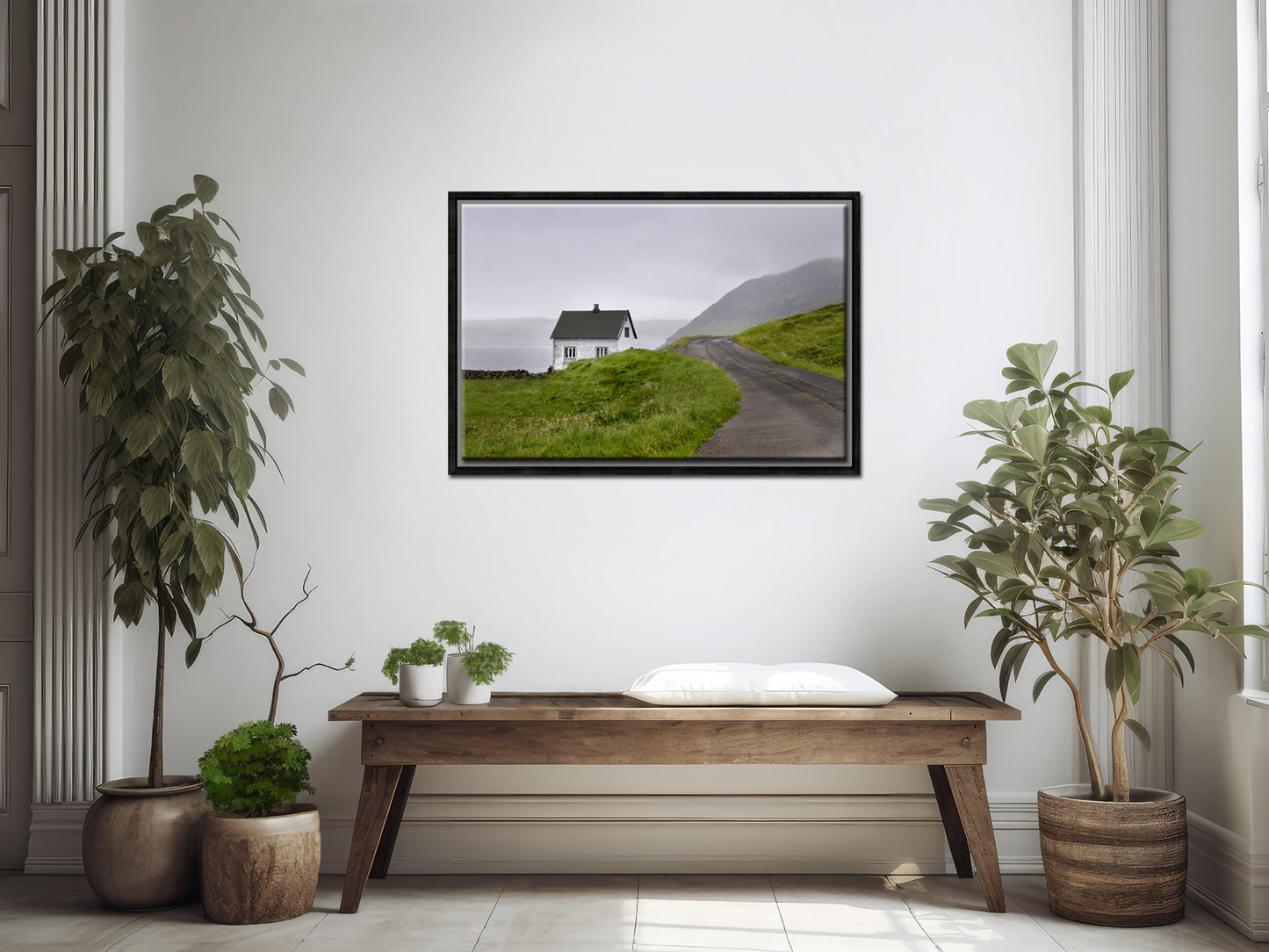Beautiful, tiny white concrete home in the Faroe Islands. Framed fine art photography by Kristen Olivares.