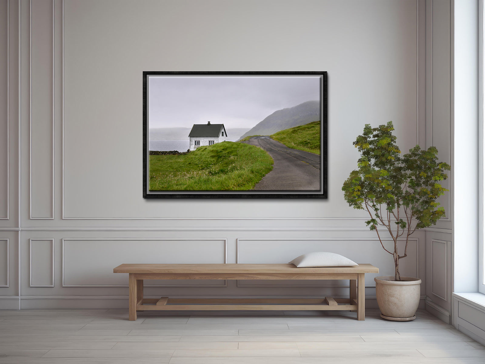 Beautiful, tiny white concrete home in the Faroe Islands. Framed fine art photography by Kristen Olivares.