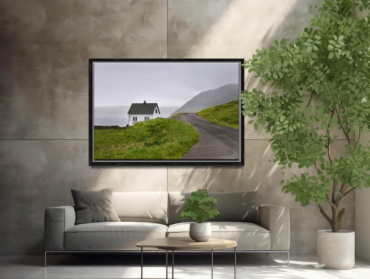 Beautiful, tiny white concrete home in the Faroe Islands. Framed fine art photography by Kristen Olivares.