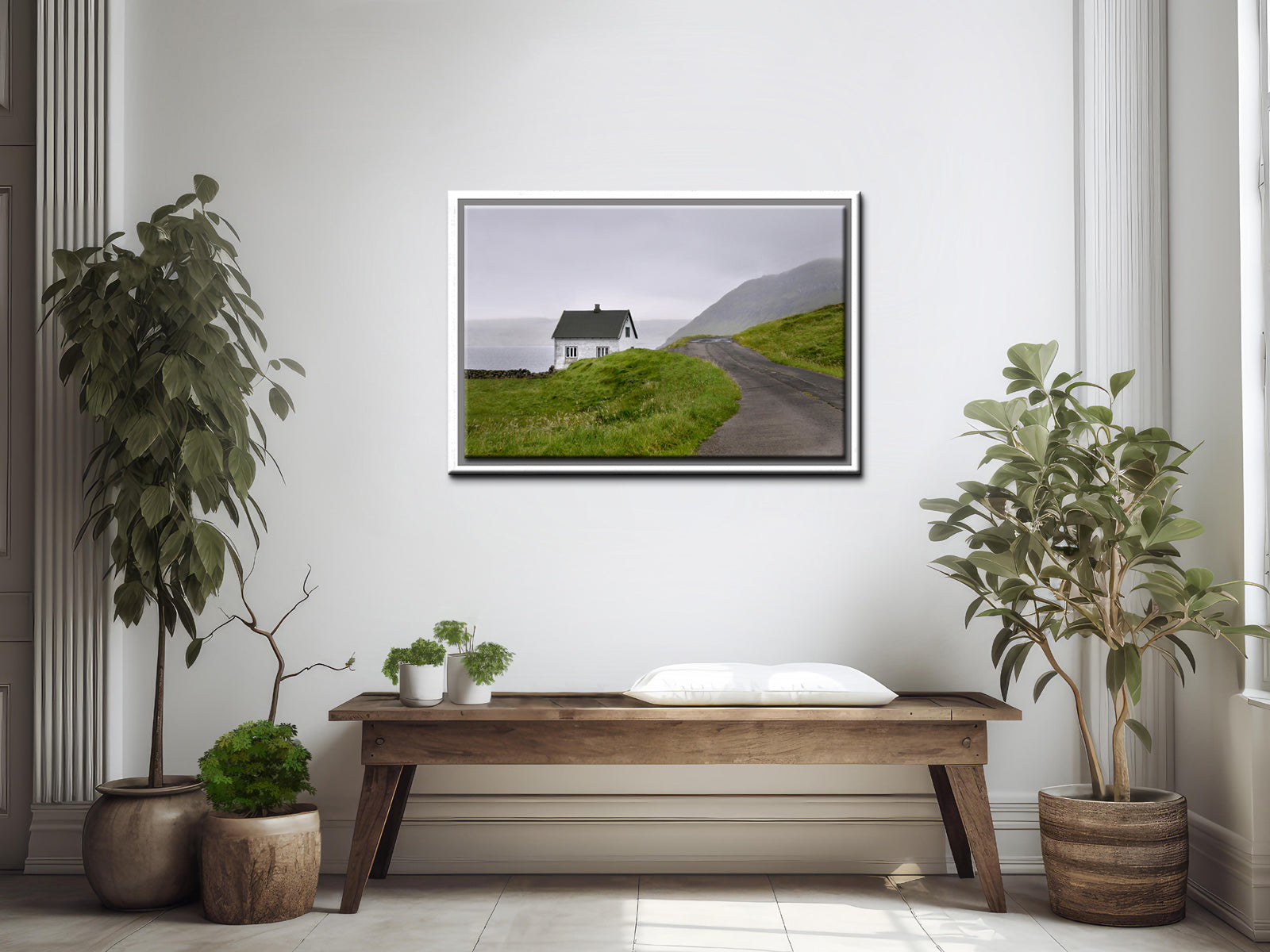 Beautiful, tiny white concrete home in the Faroe Islands. Framed fine art photography by Kristen Olivares.