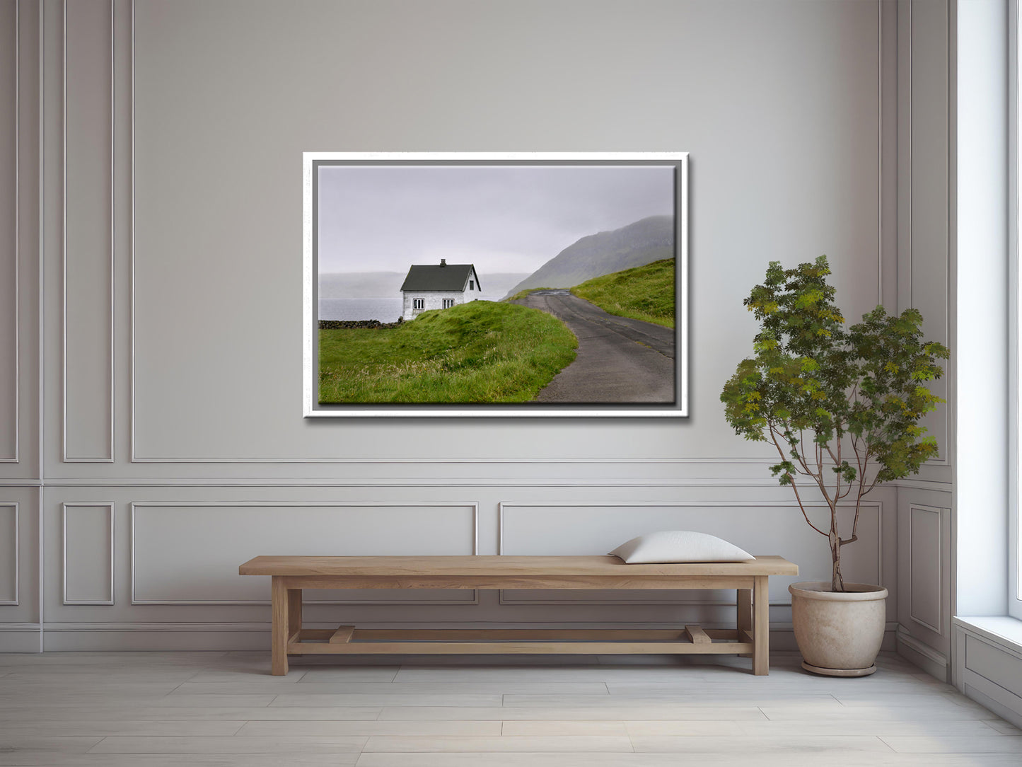 Beautiful, tiny white concrete home in the Faroe Islands. Framed fine art photography by Kristen Olivares.