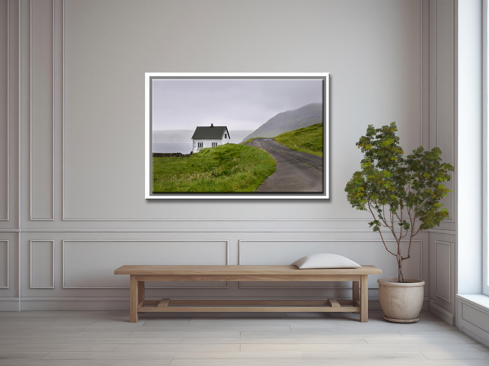 Beautiful, tiny white concrete home in the Faroe Islands. Framed fine art photography by Kristen Olivares.