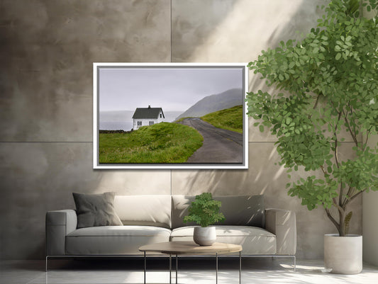 Beautiful, tiny white concrete home in the Faroe Islands. Framed fine art photography by Kristen Olivares.