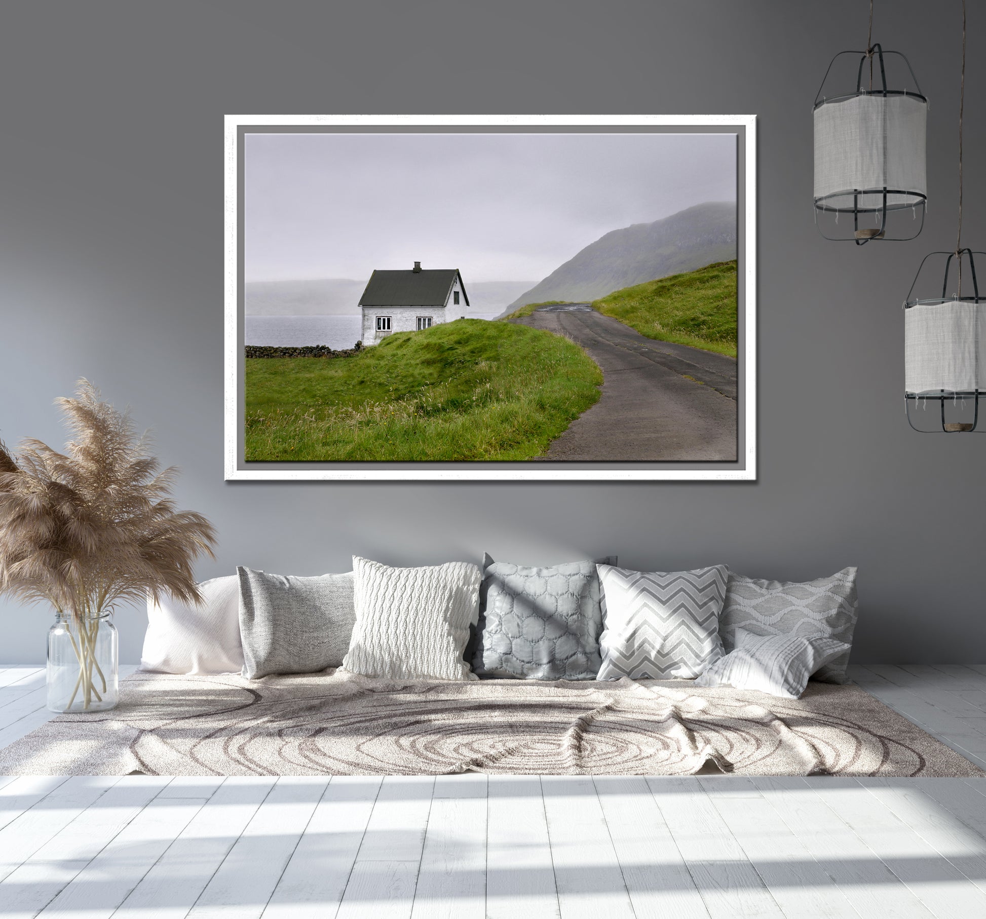 Beautiful, tiny white concrete home in the Faroe Islands. Framed fine art photography by Kristen Olivares.