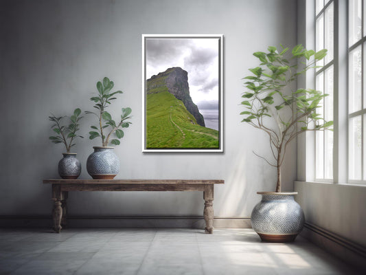 Beautiful towering cliffs of the Faroe Islands on the island of Kalsoy. Canvas wall art. Framed fine art photography by Kristen Olivares. 
