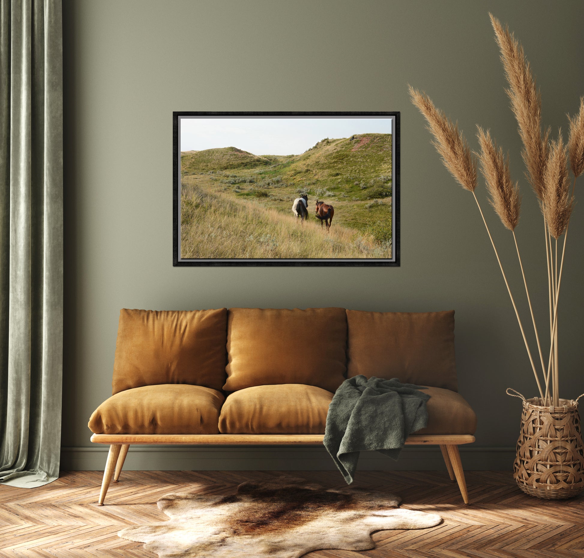 Two beautiful wild horses strolling along together in the western fields of Yellowstone.Framed canvas wall art. Fine Art Photography by Kristen Olivares. 