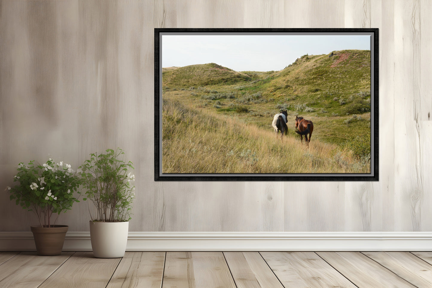 Two beautiful wild horses strolling along together in the western fields of Yellowstone.Framed canvas wall art. Fine Art Photography by Kristen Olivares