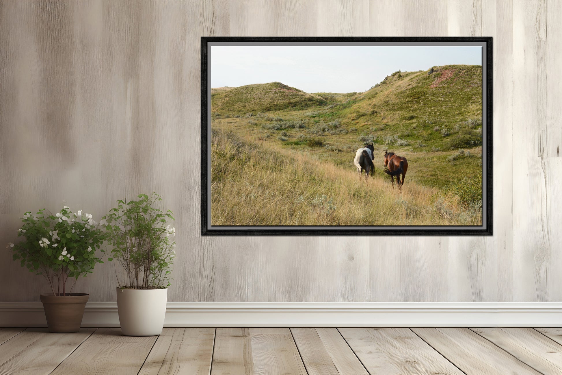 Two beautiful wild horses strolling along together in the western fields of Yellowstone.Framed canvas wall art. Fine Art Photography by Kristen Olivares