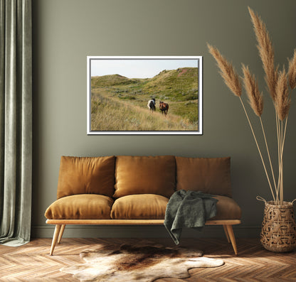 Two beautiful wild horses strolling along together in the western fields of Yellowstone.Framed canvas wall art. Fine Art Photography by Kristen Olivares. 