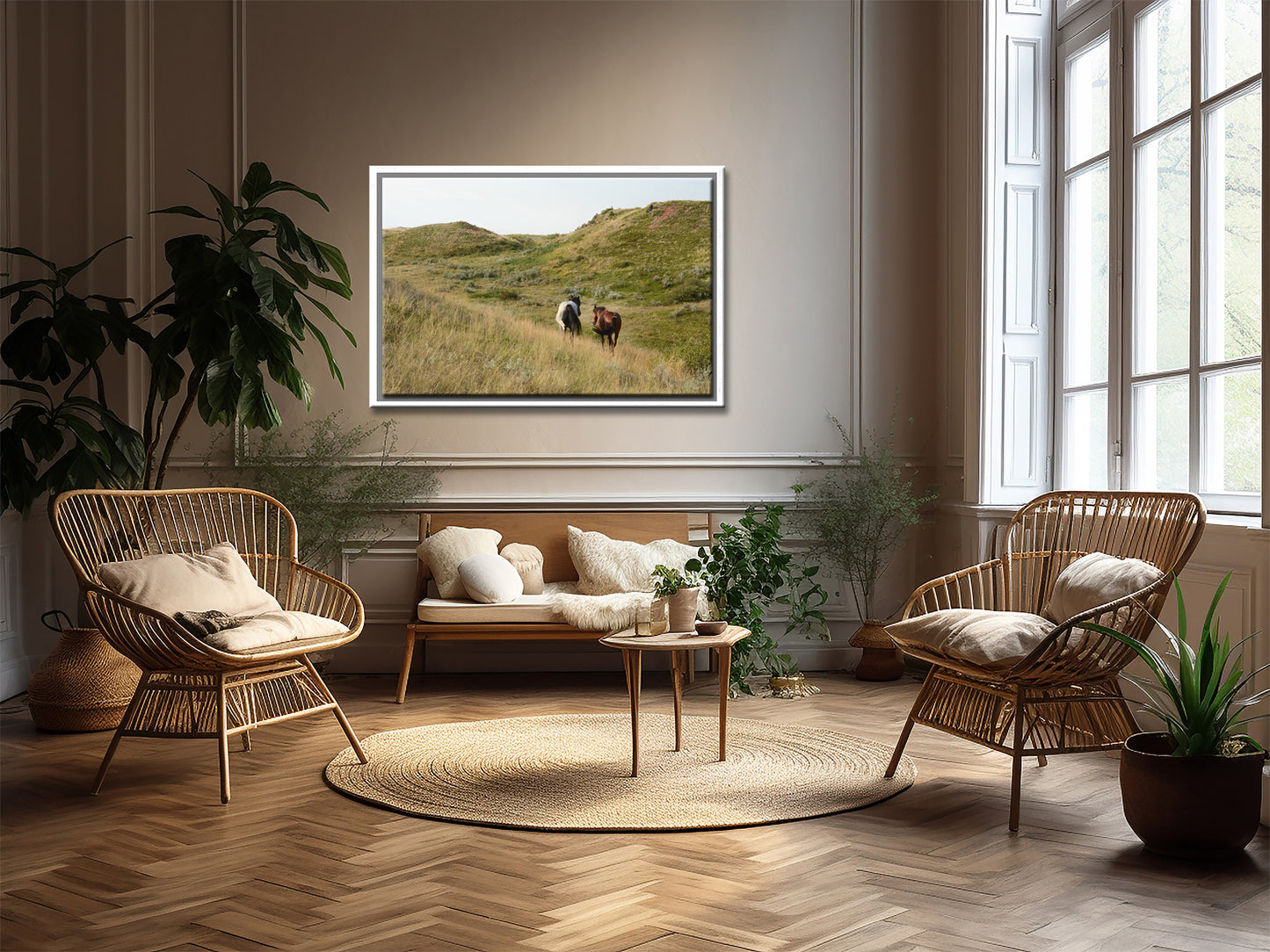 Two beautiful wild horses strolling along together in the western fields of Yellowstone.Framed canvas wall art. Fine Art Photography by Kristen Olivares. 