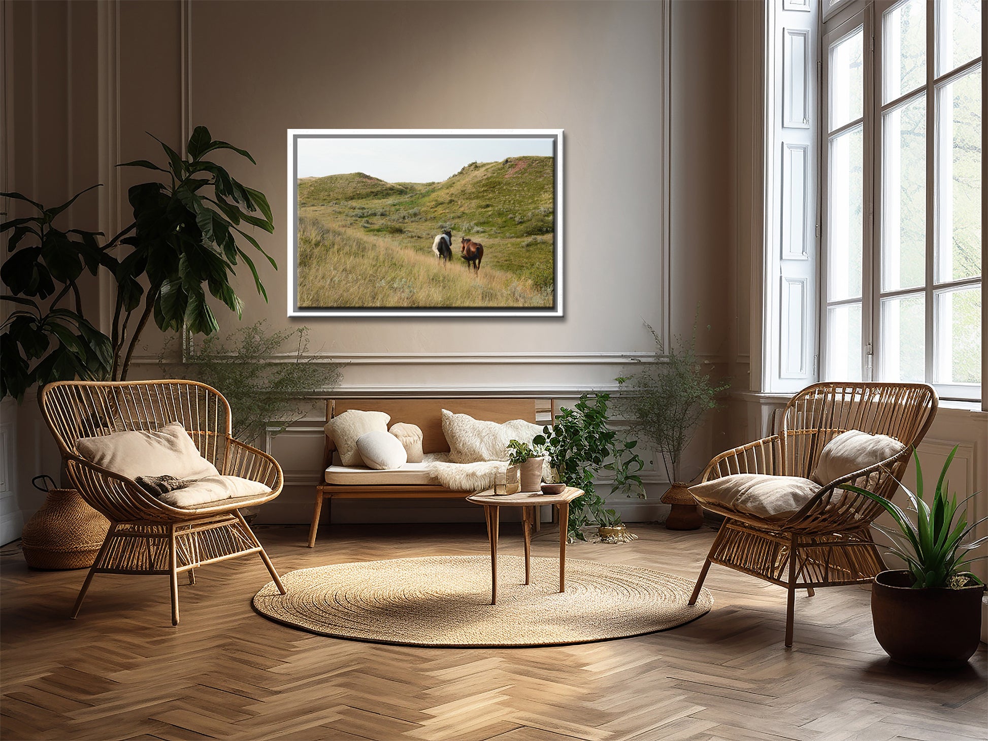 Two beautiful wild horses strolling along together in the western fields of Yellowstone.Framed canvas wall art. Fine Art Photography by Kristen Olivares. 