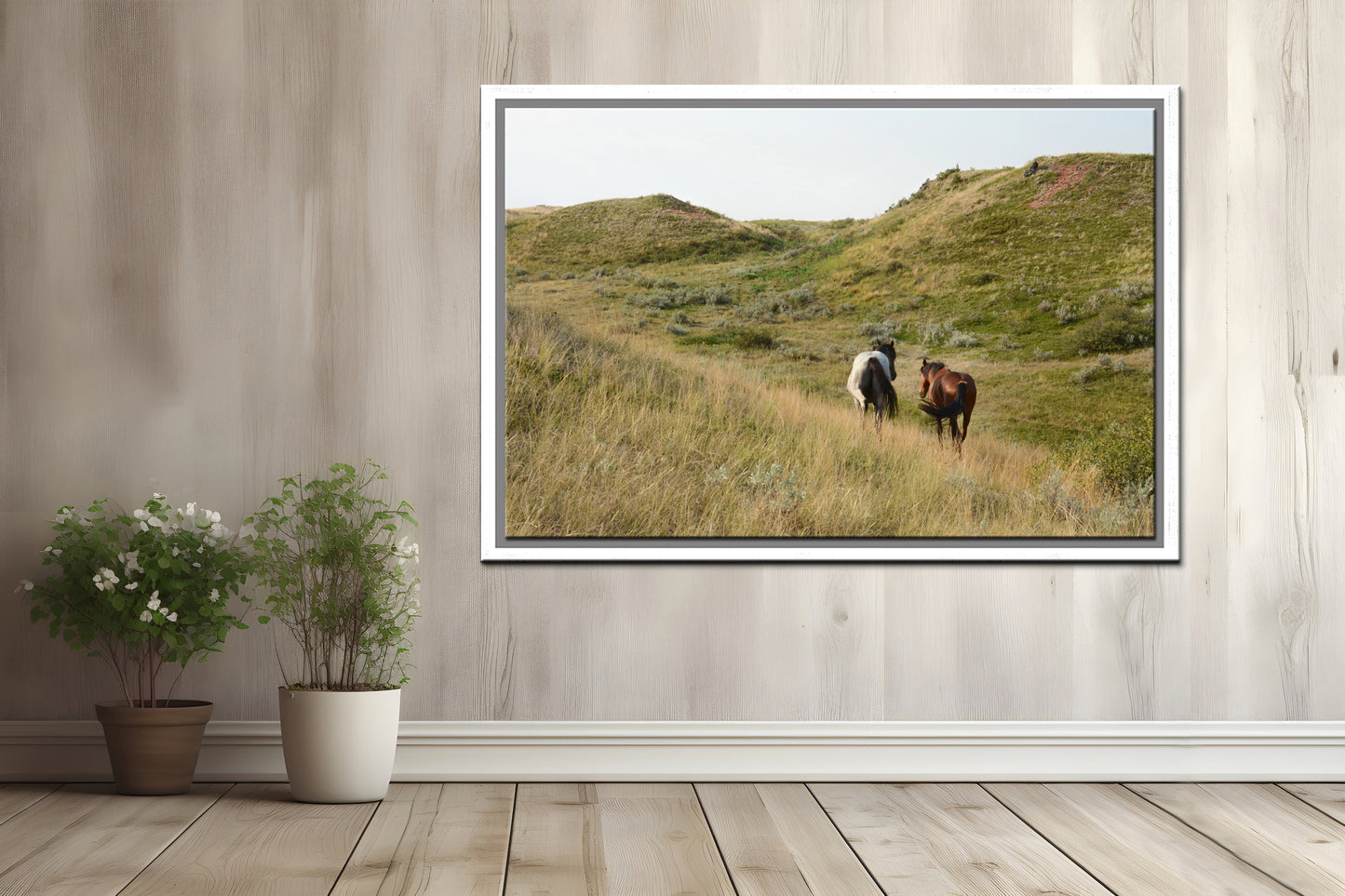 Two beautiful wild horses strolling along together in the western fields of Yellowstone.Framed canvas wall art. Fine Art Photography by Kristen Olivares