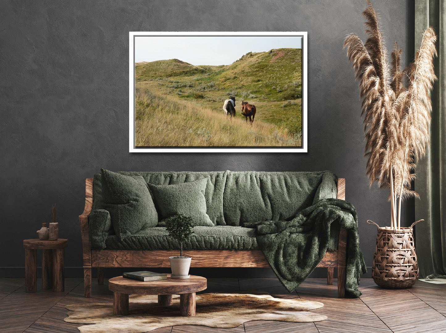 Two beautiful wild horses strolling along together in the western fields of Yellowstone.Framed canvas wall art. Fine Art Photography by Kristen Olivares