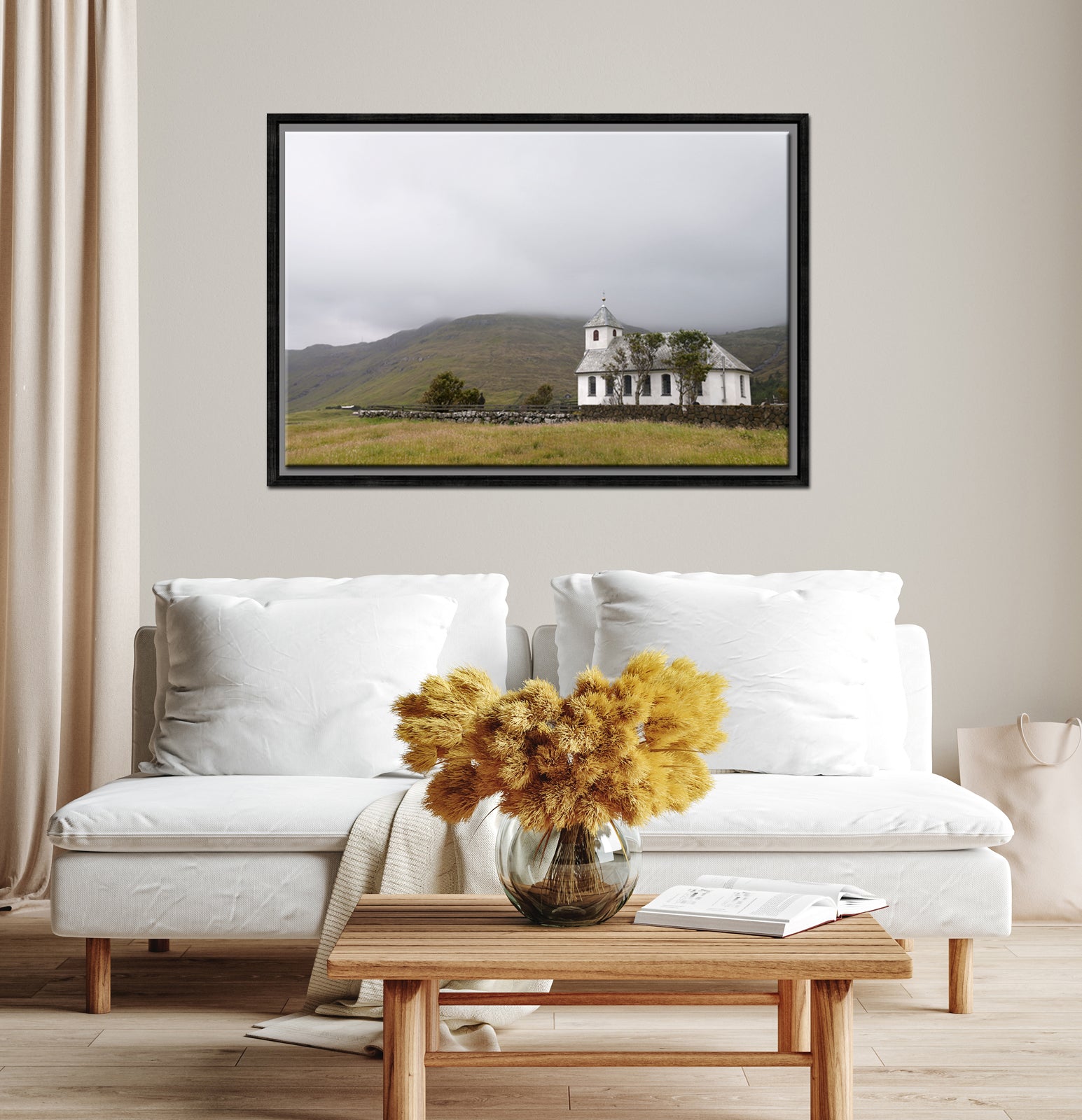 Beautiful white church in the Faore Islands. Framed fine art photography by Kristen Olivares.