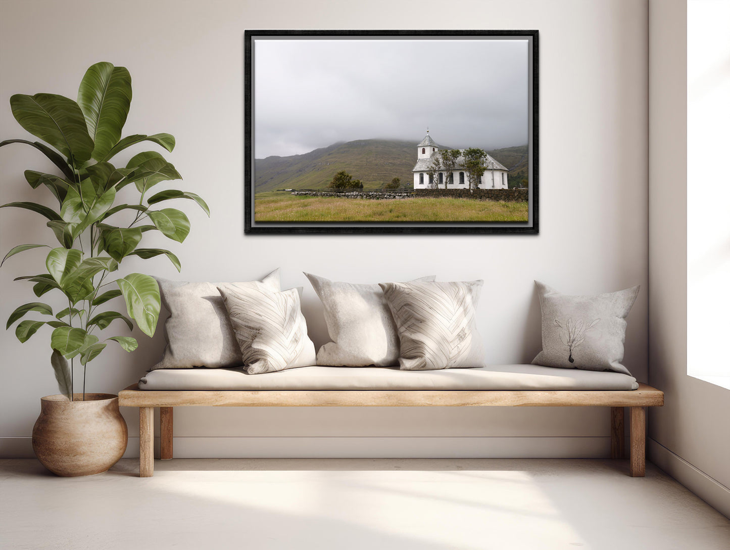 Beautiful white church in the Faore Islands. Framed fine art photography by Kristen Olivares.