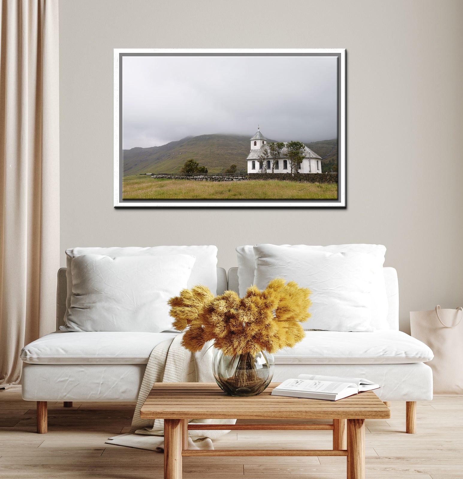 Beautiful white church in the Faore Islands. Framed fine art photography by Kristen Olivares.