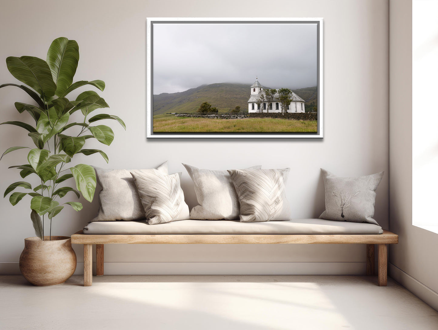 Beautiful white church in the Faore Islands. Framed fine art photography by Kristen Olivares.