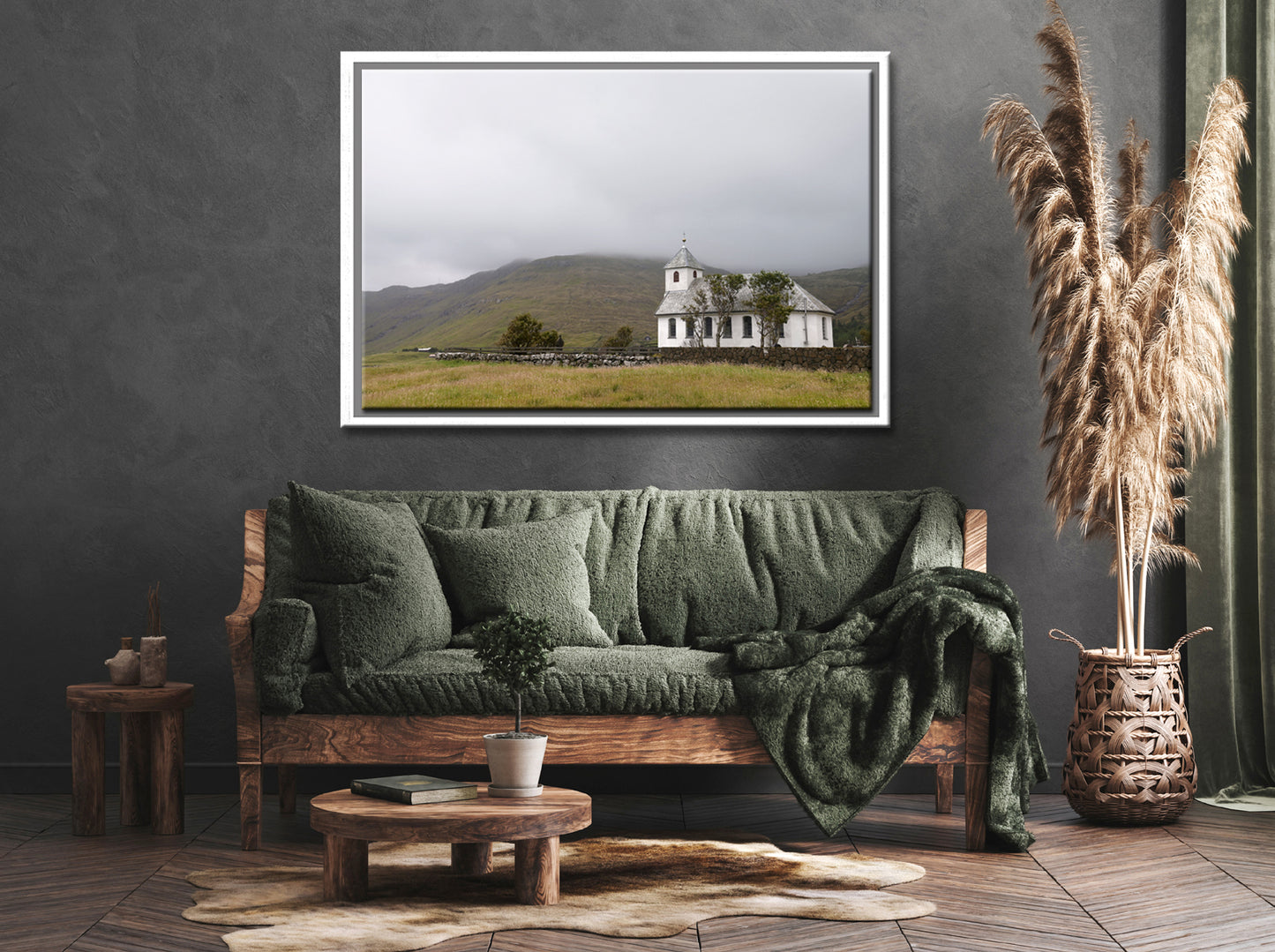 Beautiful white church in the Faore Islands. Framed fine art photography by Kristen Olivares.