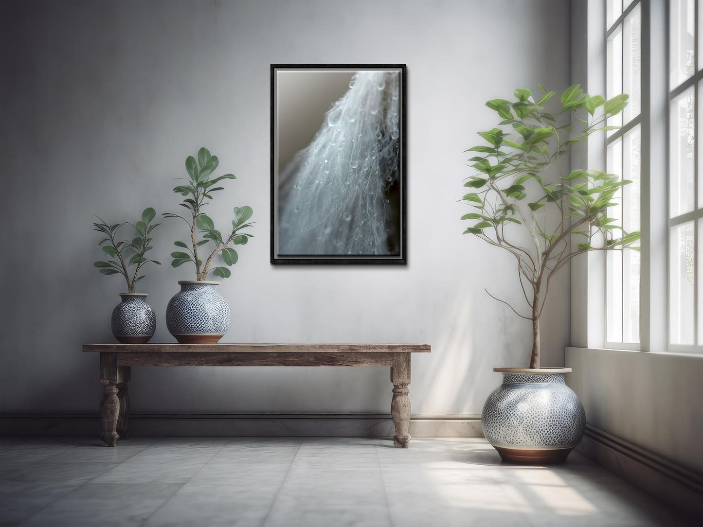 A beautiful white feather covered in rain drops. Framed fine art photography by Kristen Olivares.