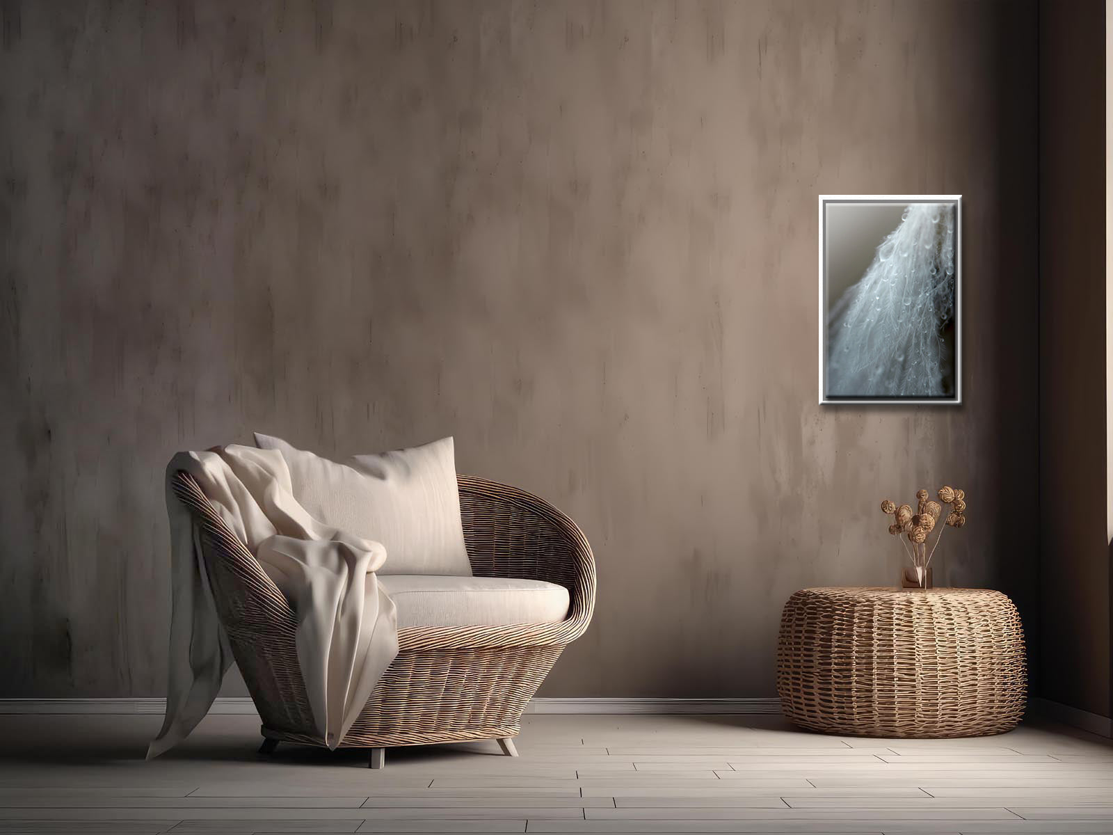 A beautiful white feather covered in rain drops. Framed fine art photography by Kristen Olivares.