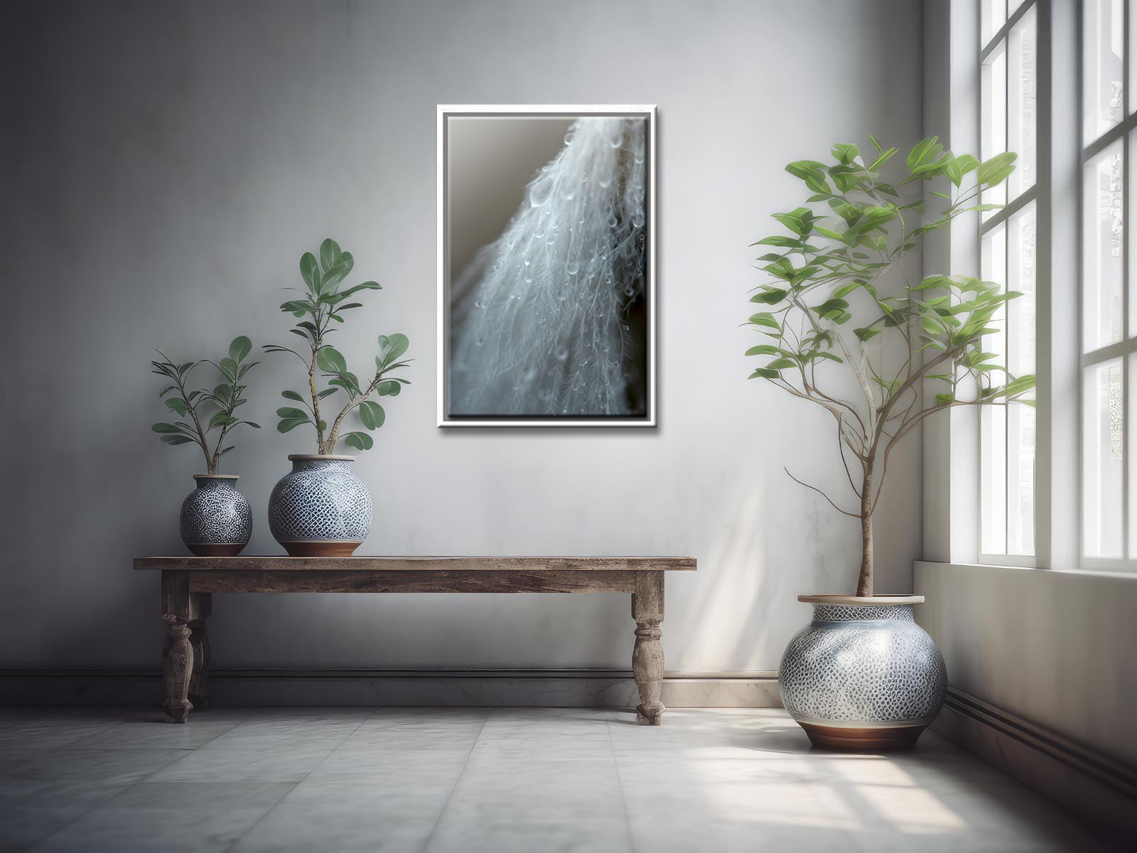 A beautiful white feather covered in rain drops. Framed fine art photography by Kristen Olivares.