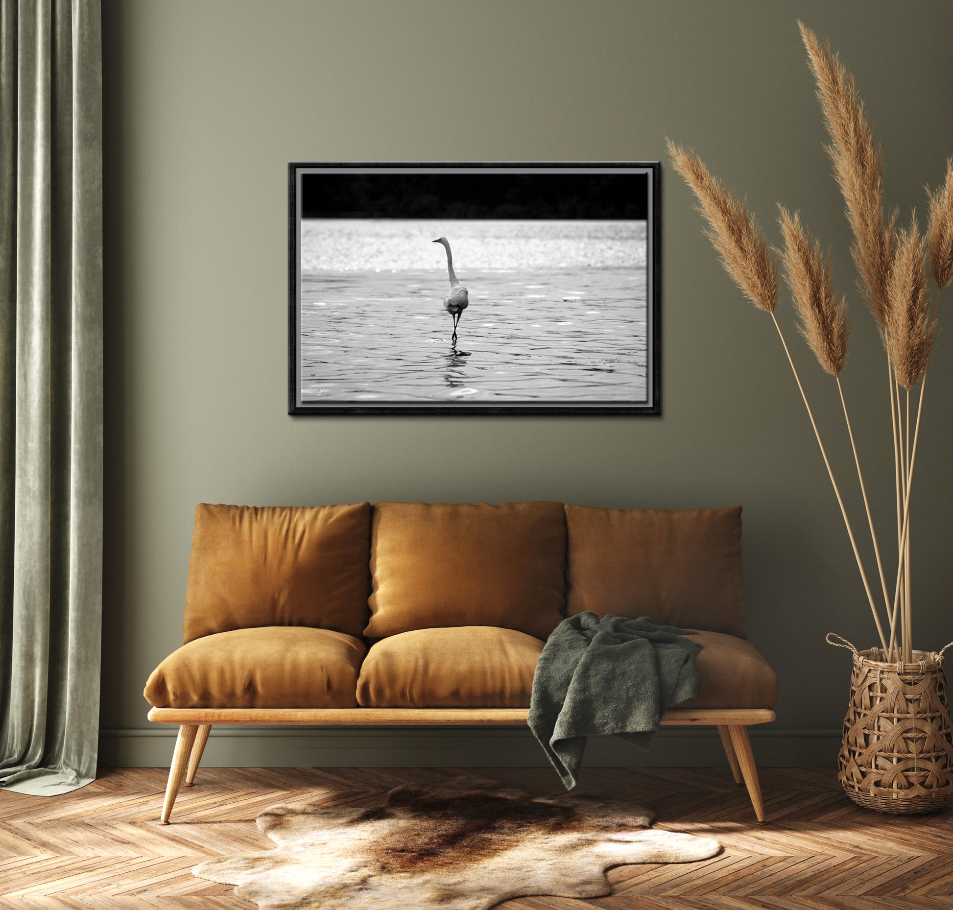Beautiful Heron walking upon the beach-Framed Fine Art canvas Print by Kristen Olivares