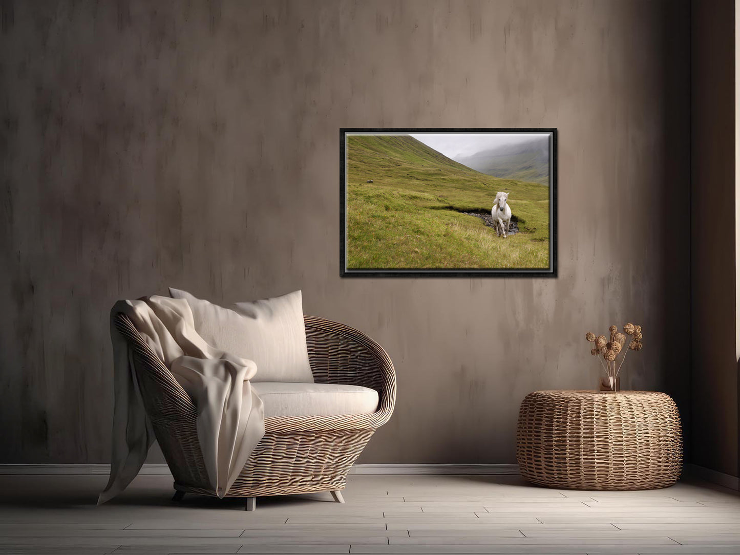 A majestic wild, white horse running free through the foggy cliffs of the Faroe Islands. Framed canvas wall art by Kristen Olivares