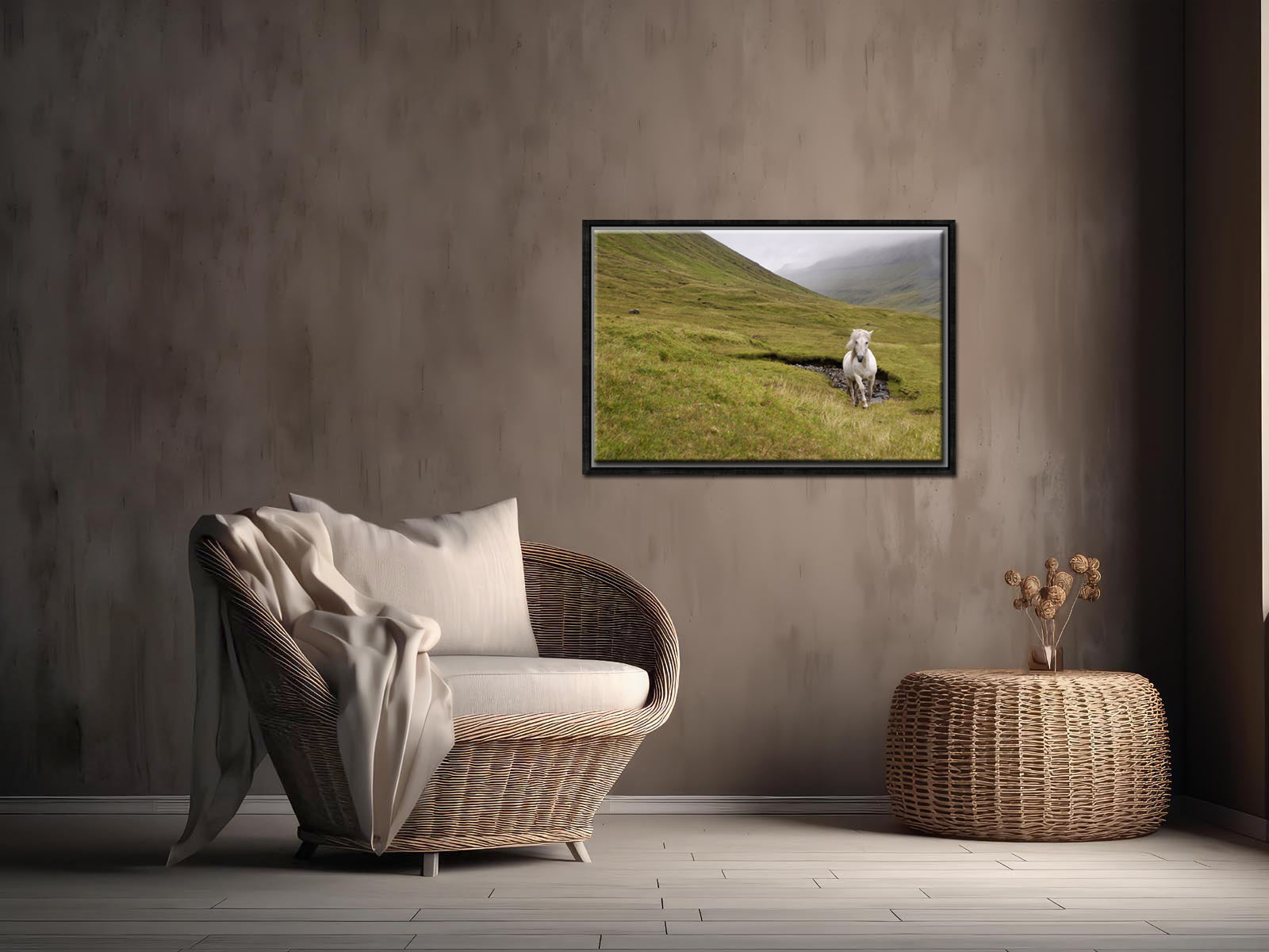 A majestic wild, white horse running free through the foggy cliffs of the Faroe Islands. Framed canvas wall art by Kristen Olivares