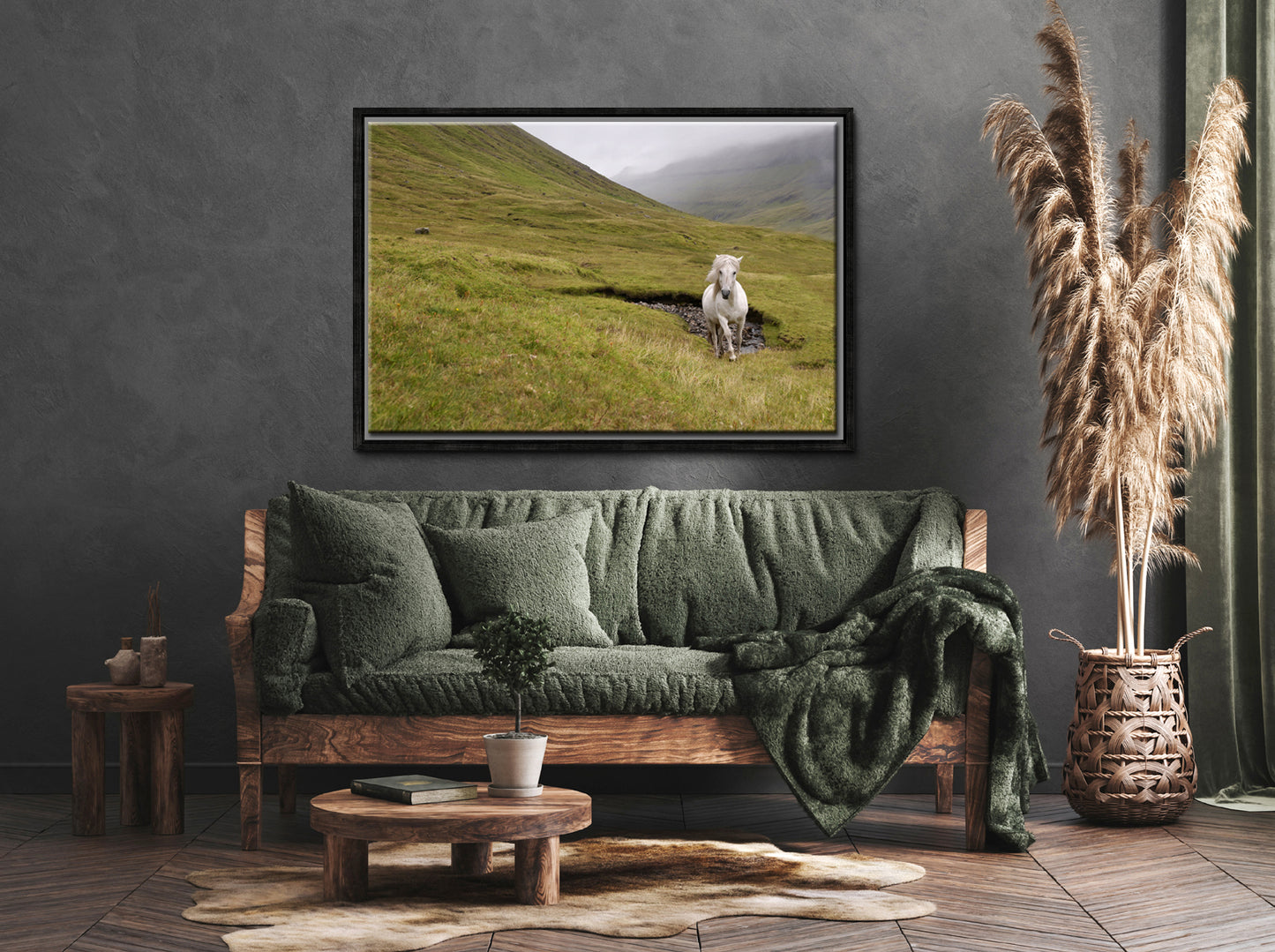 A majestic wild, white horse running free through the foggy cliffs of the Faroe Islands. Framed canvas wall art by Kristen Olivares
