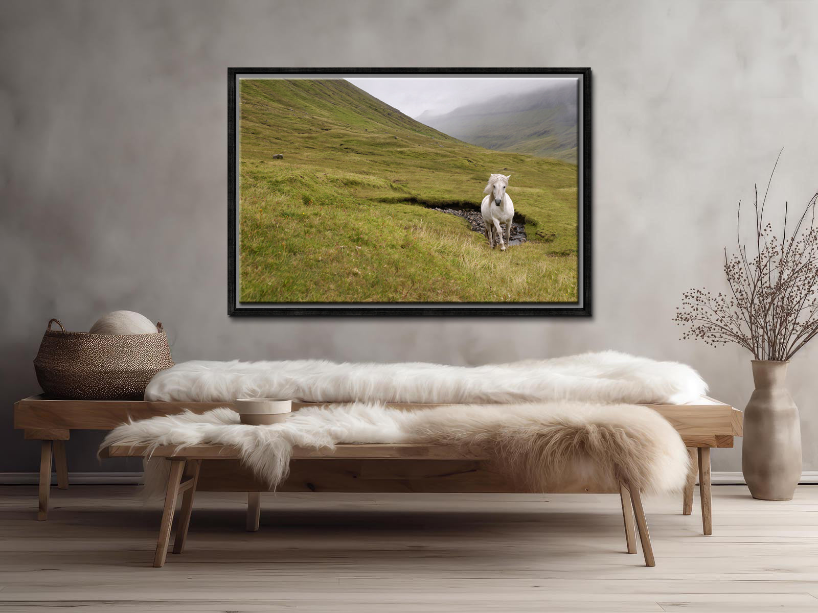 A majestic wild, white horse running free through the foggy cliffs of the Faroe Islands. Framed canvas wall art by Kristen Olivares