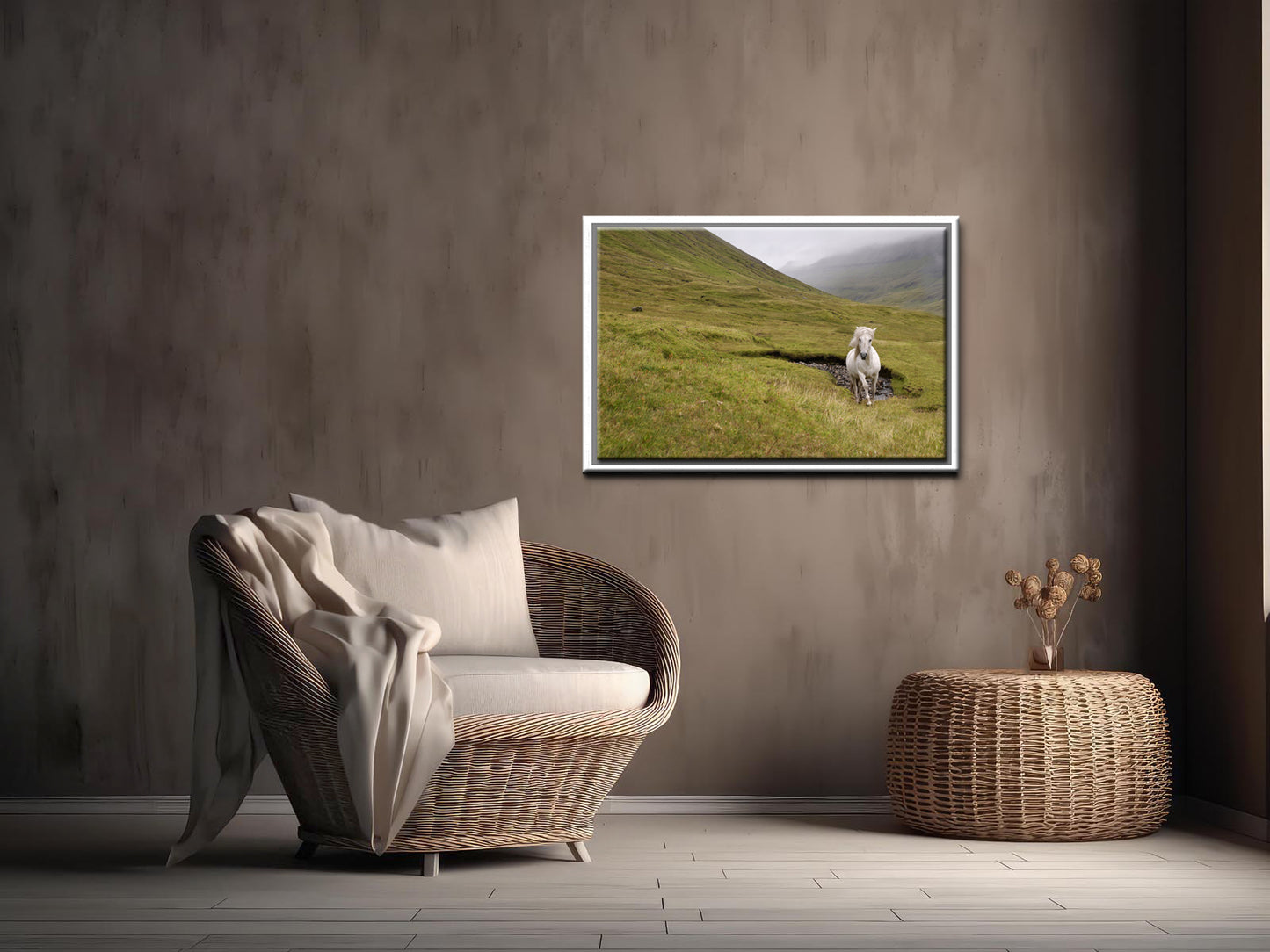 A majestic wild, white horse running free through the foggy cliffs of the Faroe Islands. Framed canvas wall art by Kristen Olivares
