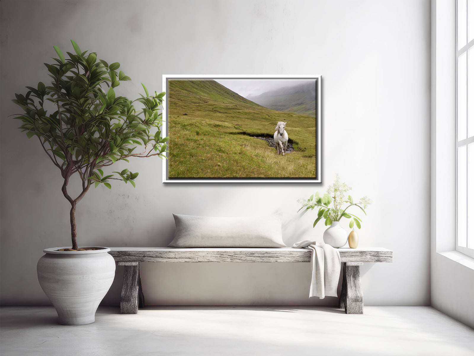 A majestic wild, white horse running free through the foggy cliffs of the Faroe Islands. Framed canvas wall art by Kristen Olivares